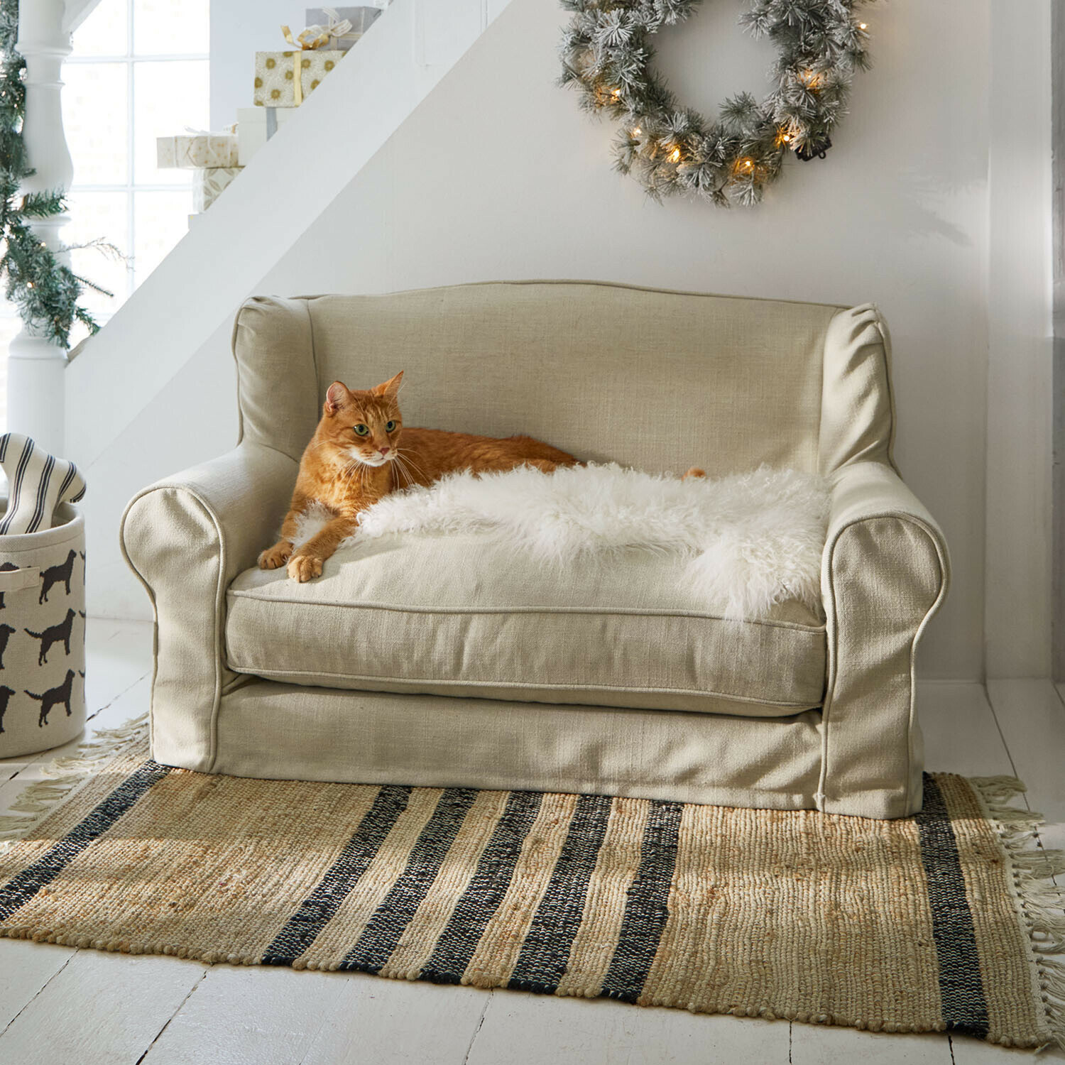 Beige tweezits stoffen bank met witte bontdeken en rode kat op gestreept vloerkleed