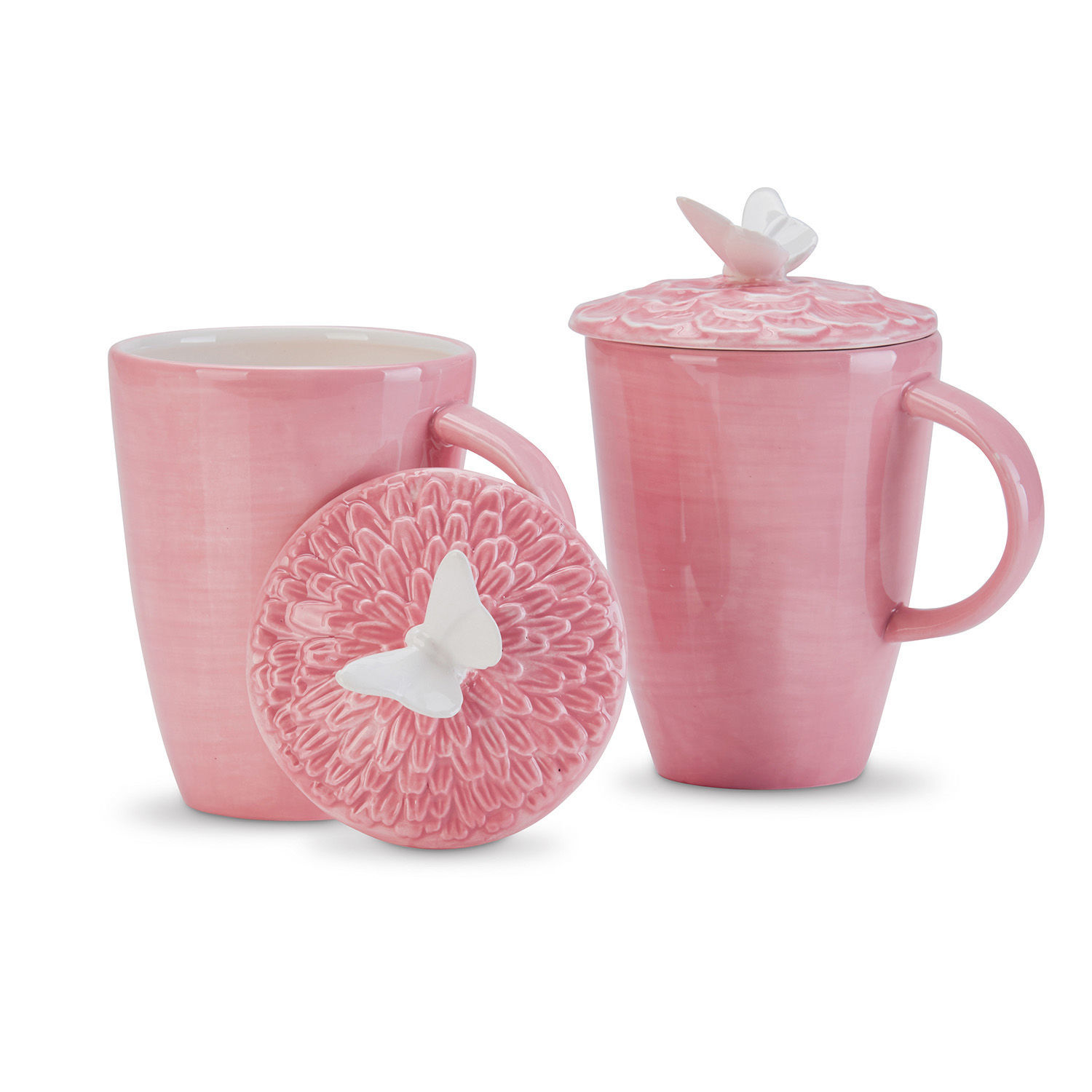 Roze keramische mok met deksel en witte vlinder, elegant theeservies