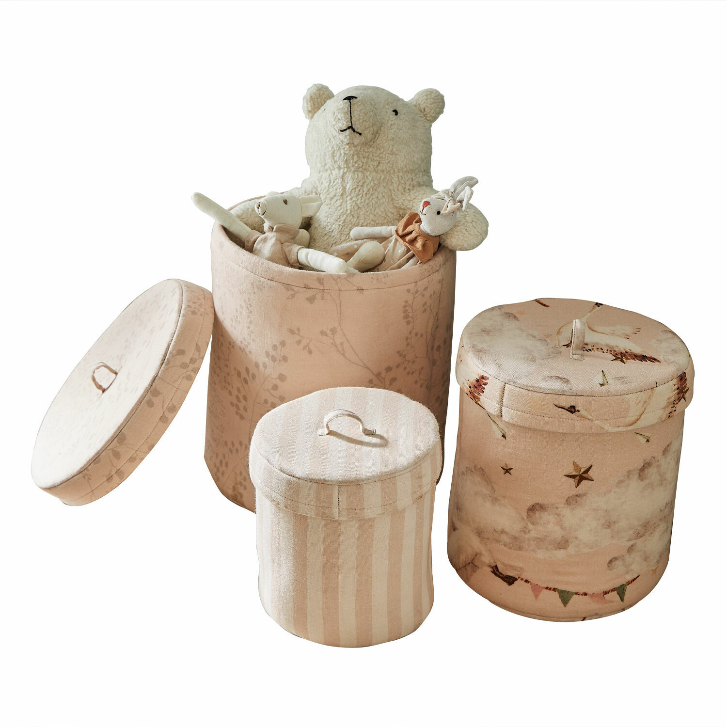 Box set van 3 Bellise Drie beige stoffen opbergdozen met deksels, ideaal voor speelgoed en decoratie
