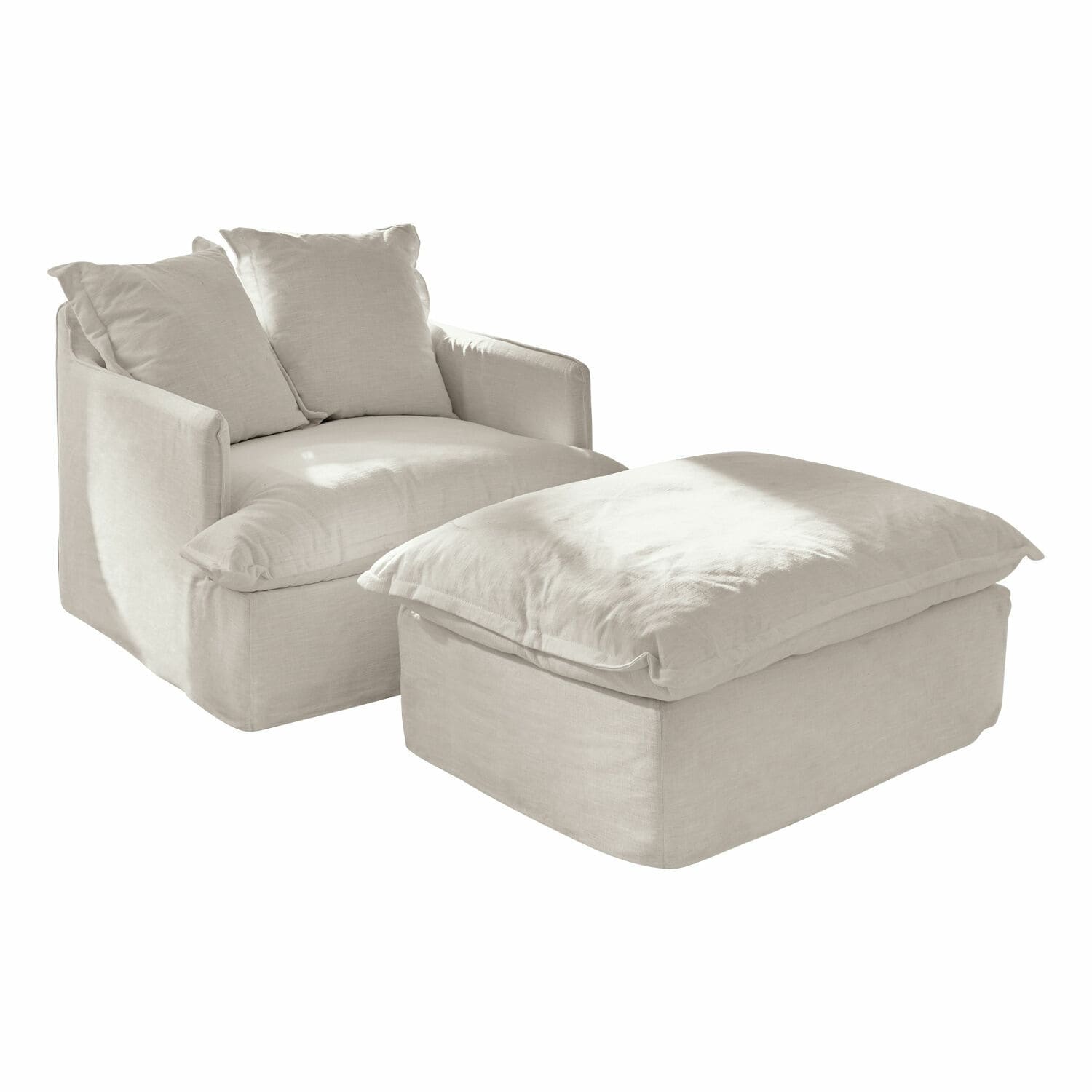 Fauteuil met hocker Avignon Comfortabele stoel met voetenbank van lichtbeige linnen, perfect om te ontspannen in de woonkamer