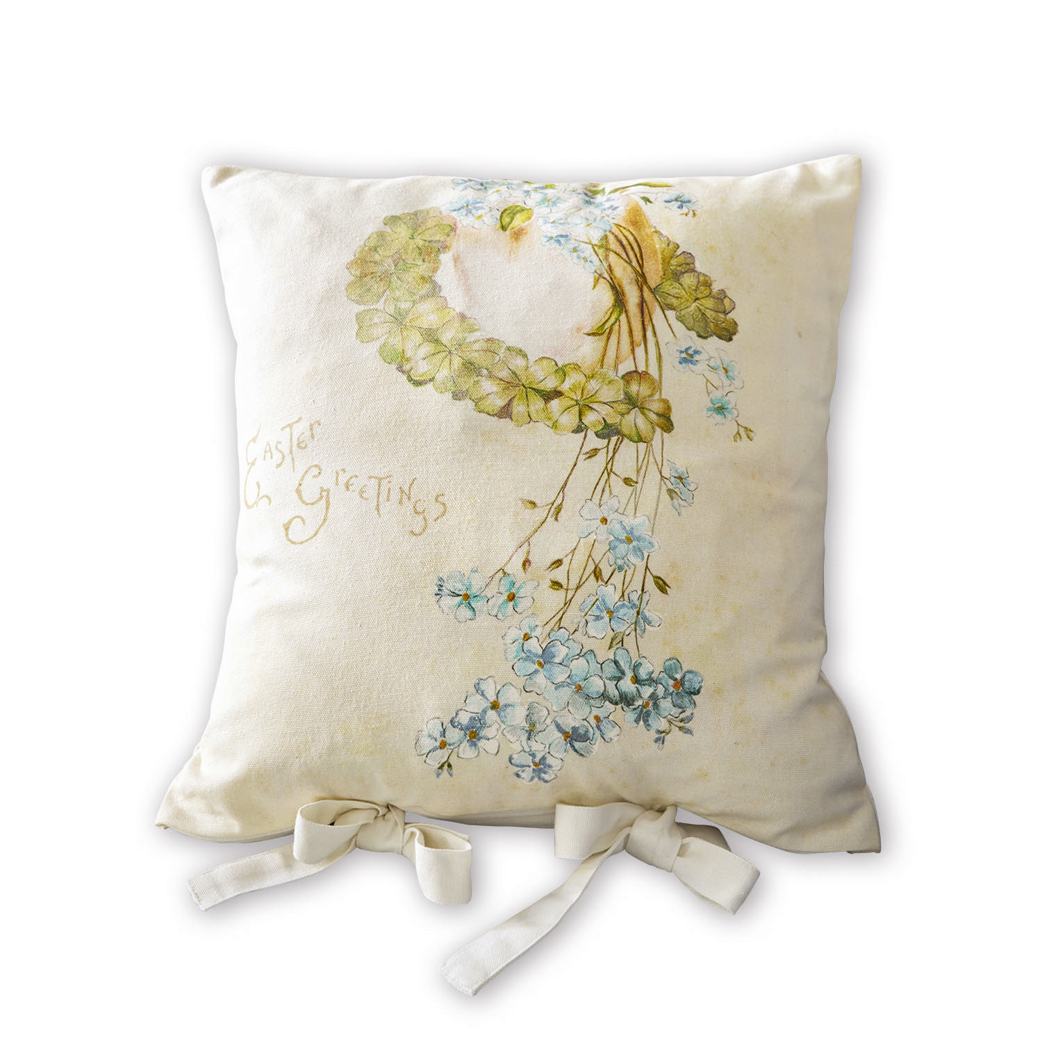 Kussenhoes Fierolla Beige katoenen kussen met bloemenprint en tekst Easter Greetings, decoratief vintage kussen