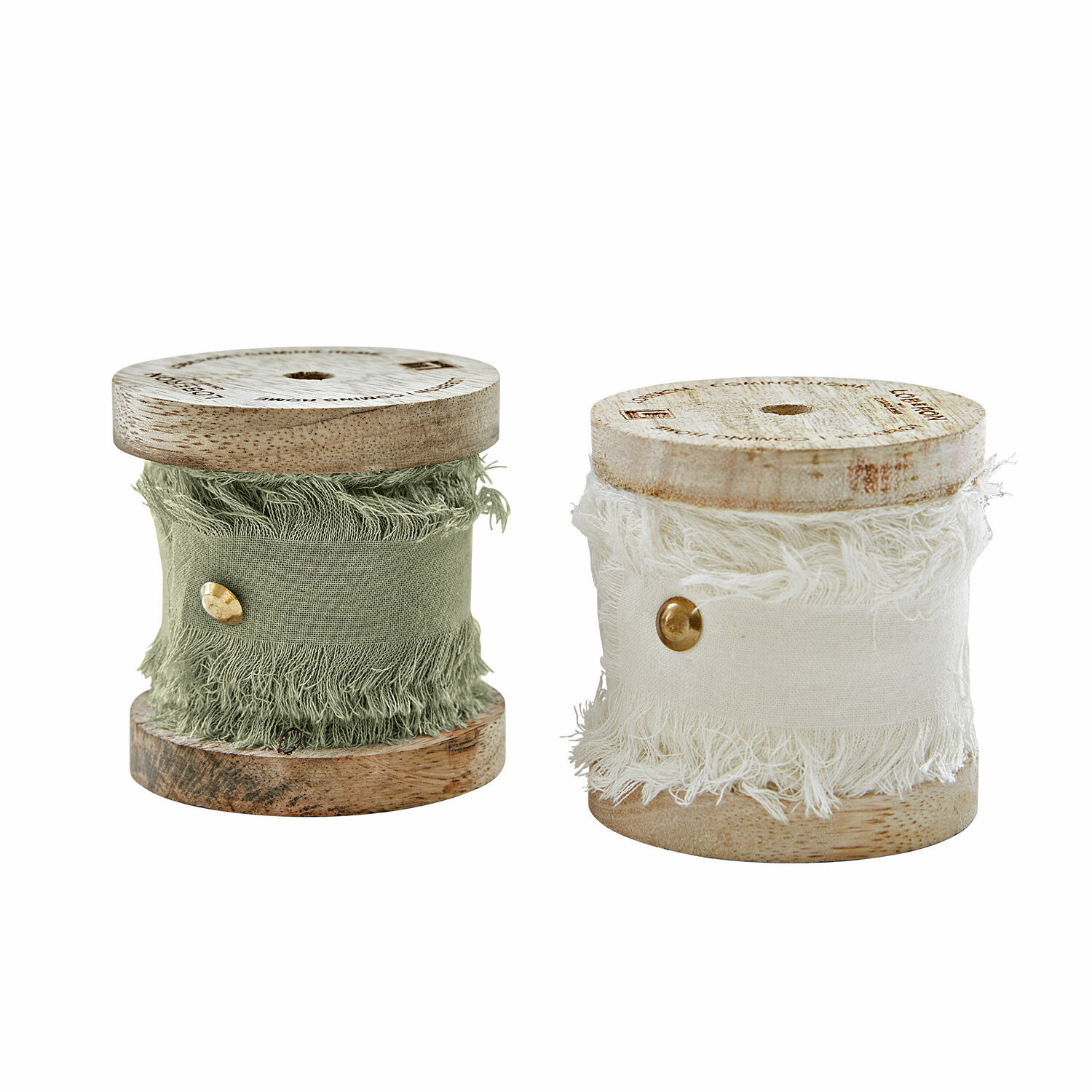 Set van twee Valethor katoenen linten in wit en lichtgroen op houten spoelen voor decoratie
