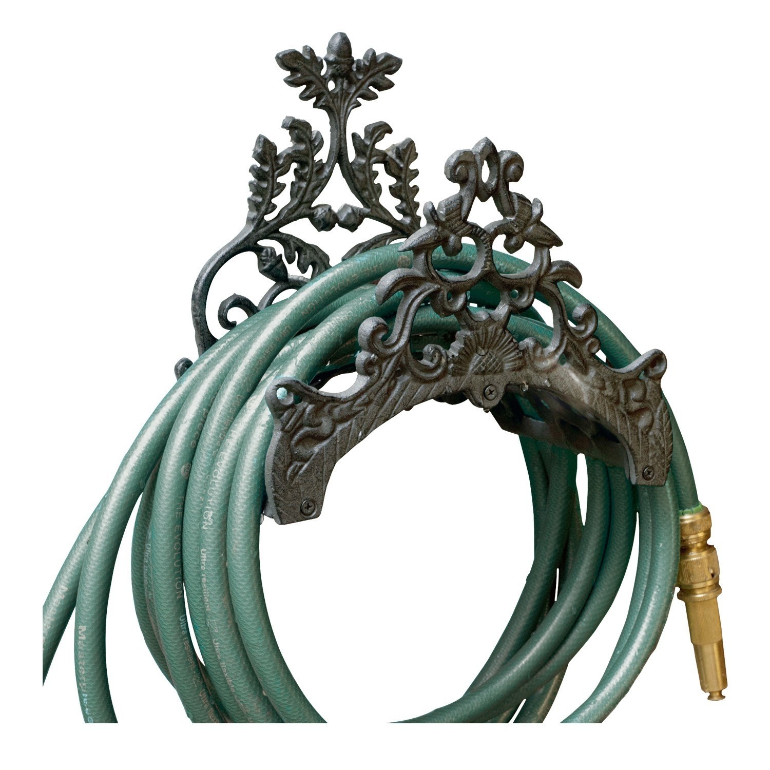 Tuinslanghaspel Mathis Decoratieve metalen houder voor groene tuinslang met messing uiteinde voor besproeiing