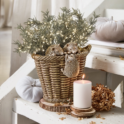 Decoratieve mand met drie egels van hars en groene takken met LED-lichtjes op witte tafel