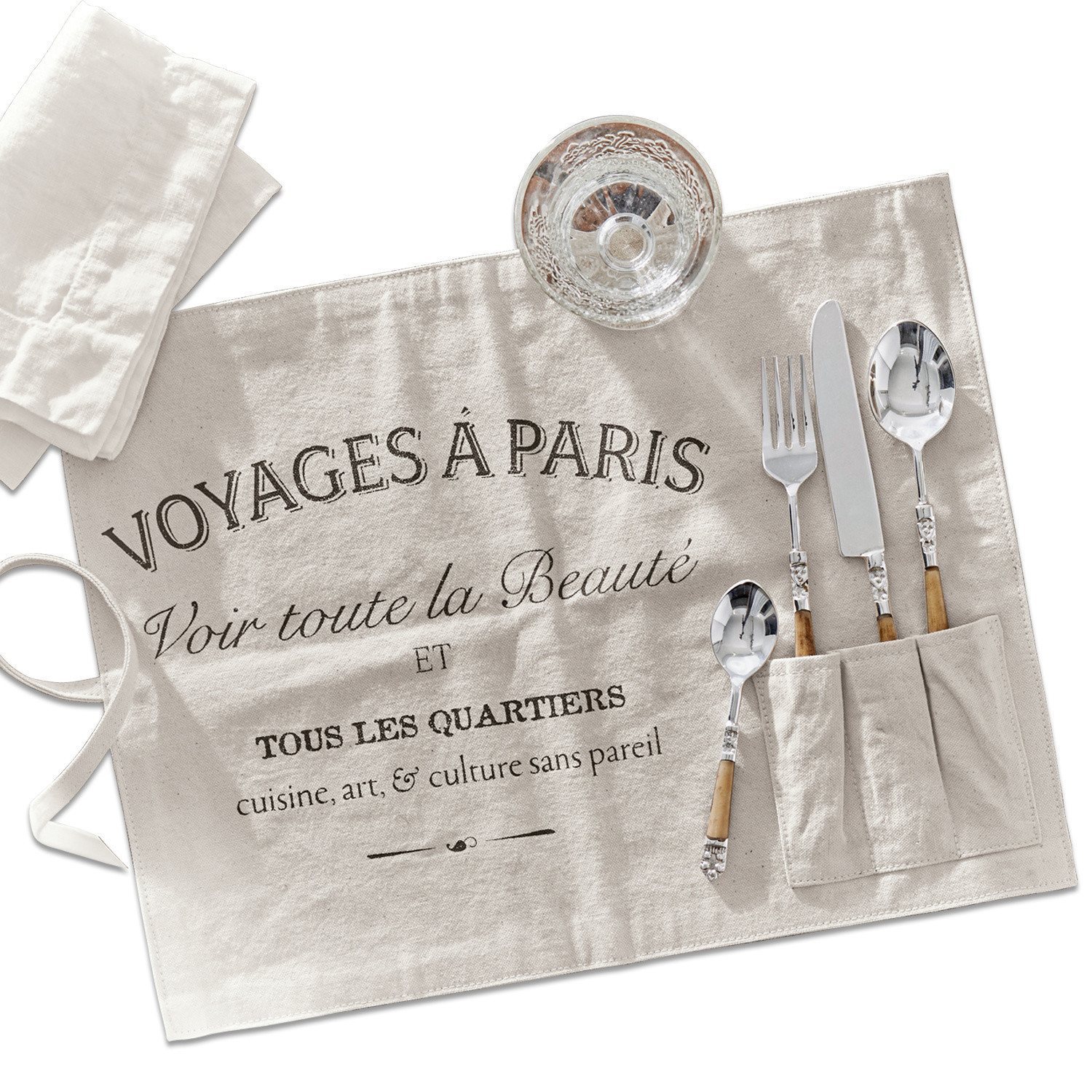 Placemat set van 2 Voyage Beige linnen keukenschort met Franse opdruk en bestekzakken, rustieke stijl