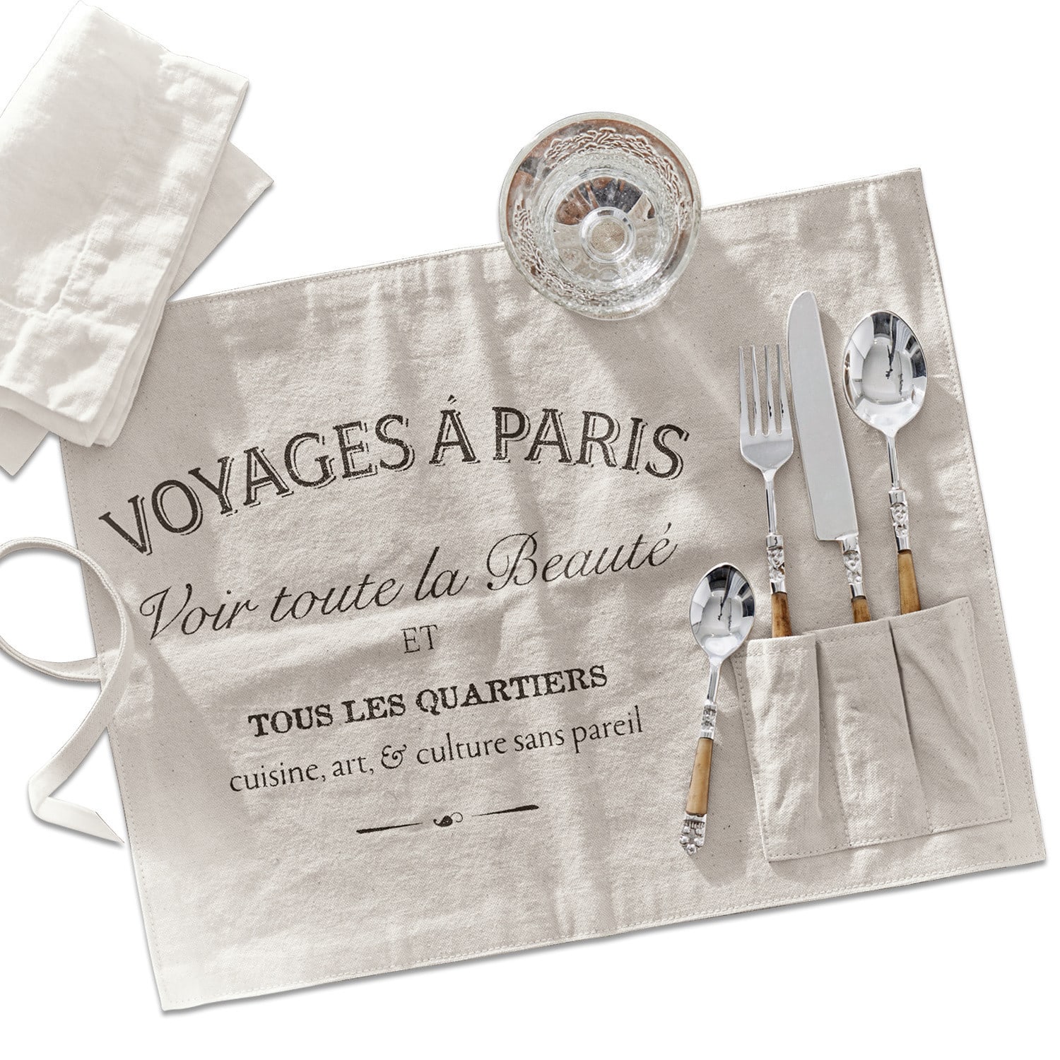 Placemat set van 2 Voyage Beige linnen keukenschort met Franse opdruk en bestekzakken, rustieke stijl