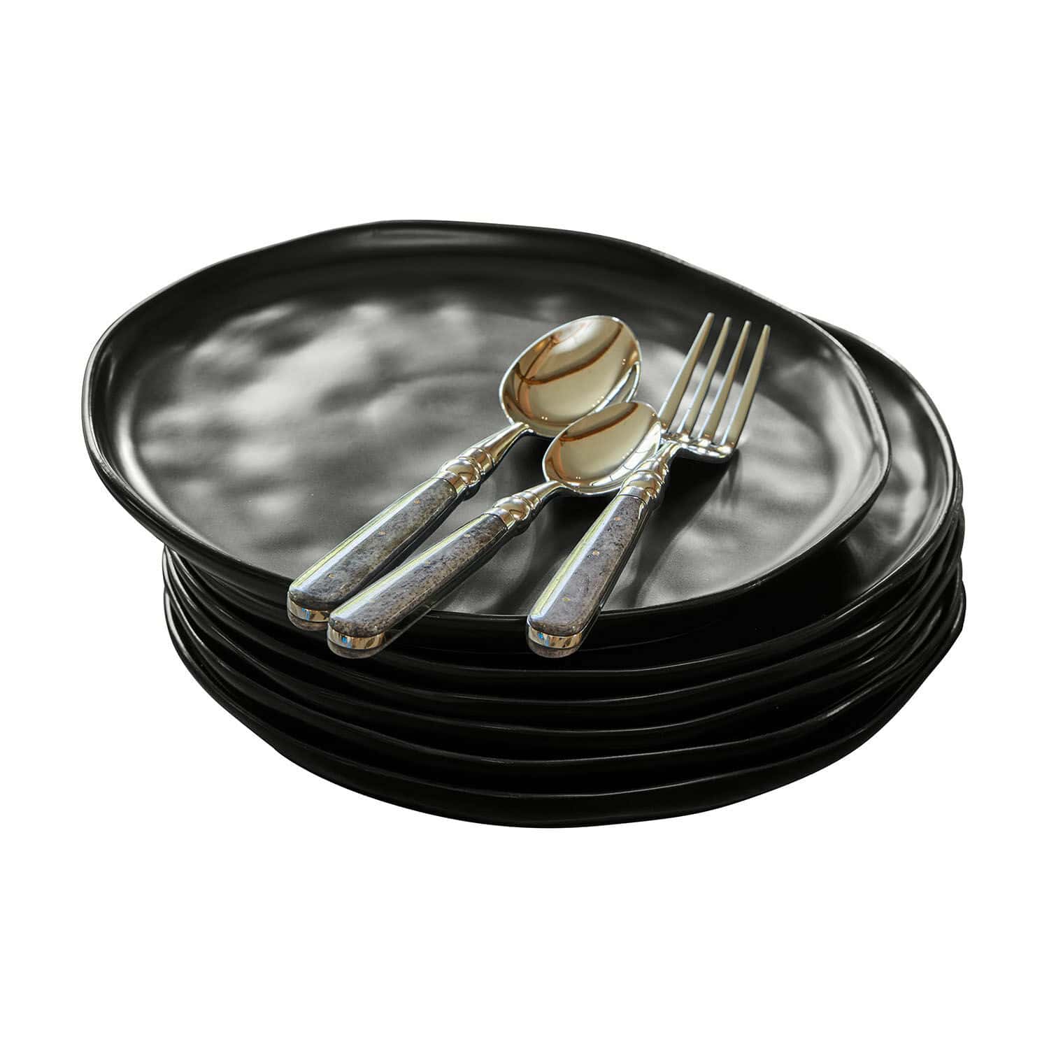 Bord set van 6 Biarré Set zwarte keramische borden met metalen bestek met grijze handvatten voor de eettafel