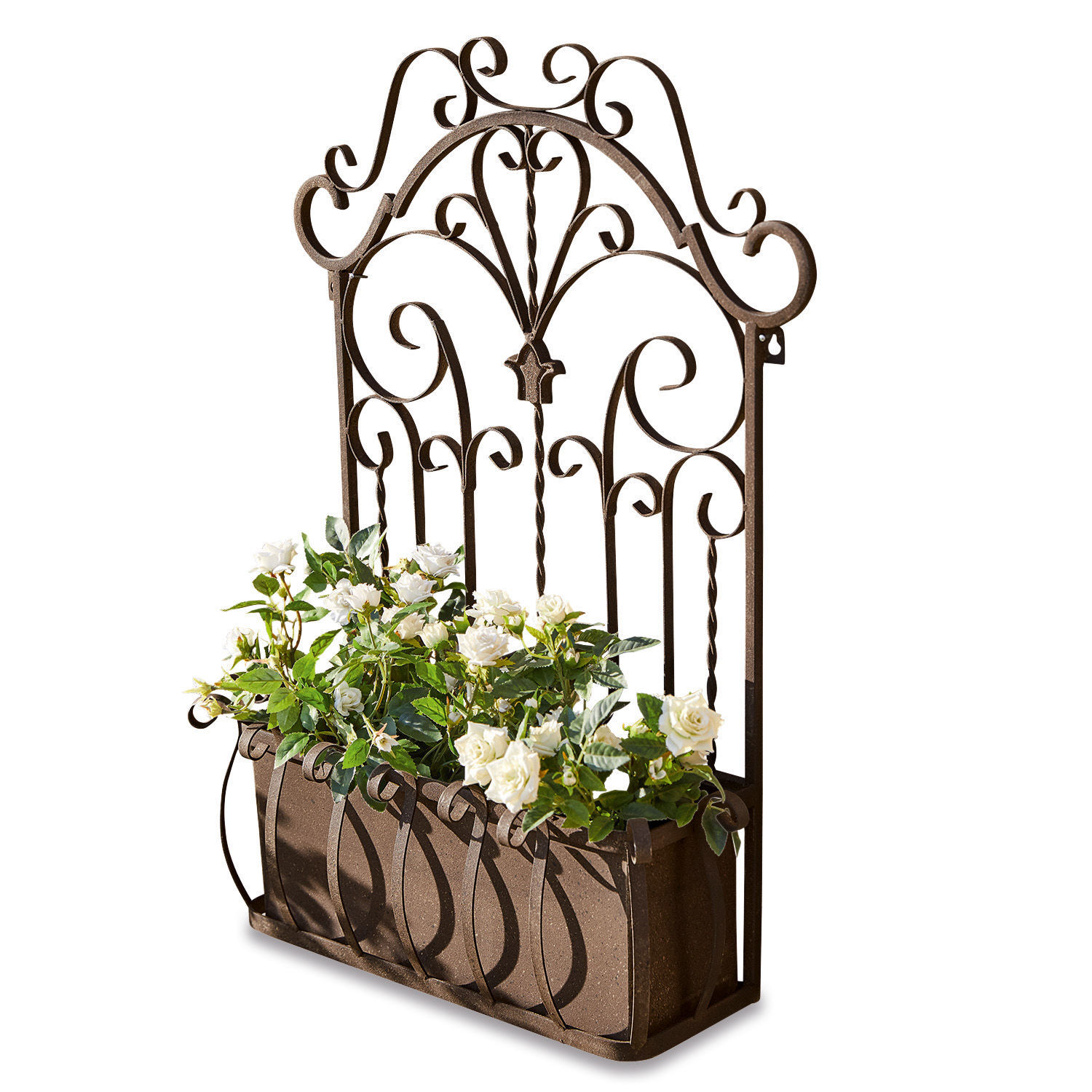 Plantenbak Secourt Bruine metalen plantenbak met decoratief open paneel en witte bloemen voor tuin