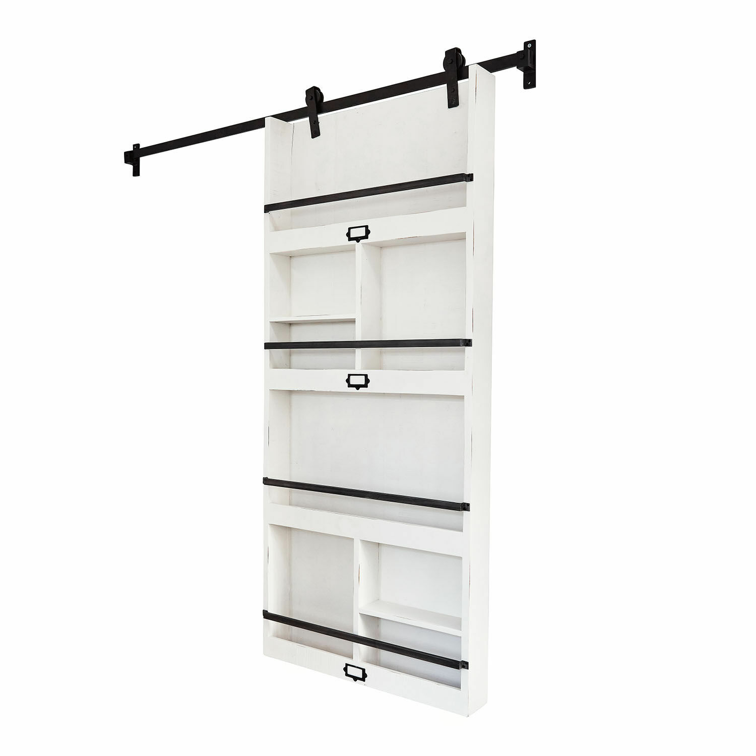 Schuifdeur Besançon Witte houten wandplank met metalen relingen en handgrepen, loftstijl, decoratief en praktisch