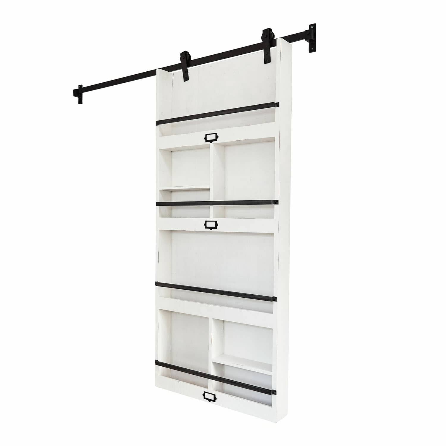 Schuifdeur Besançon Witte houten wandplank met metalen relingen en handgrepen, loftstijl, decoratief en praktisch