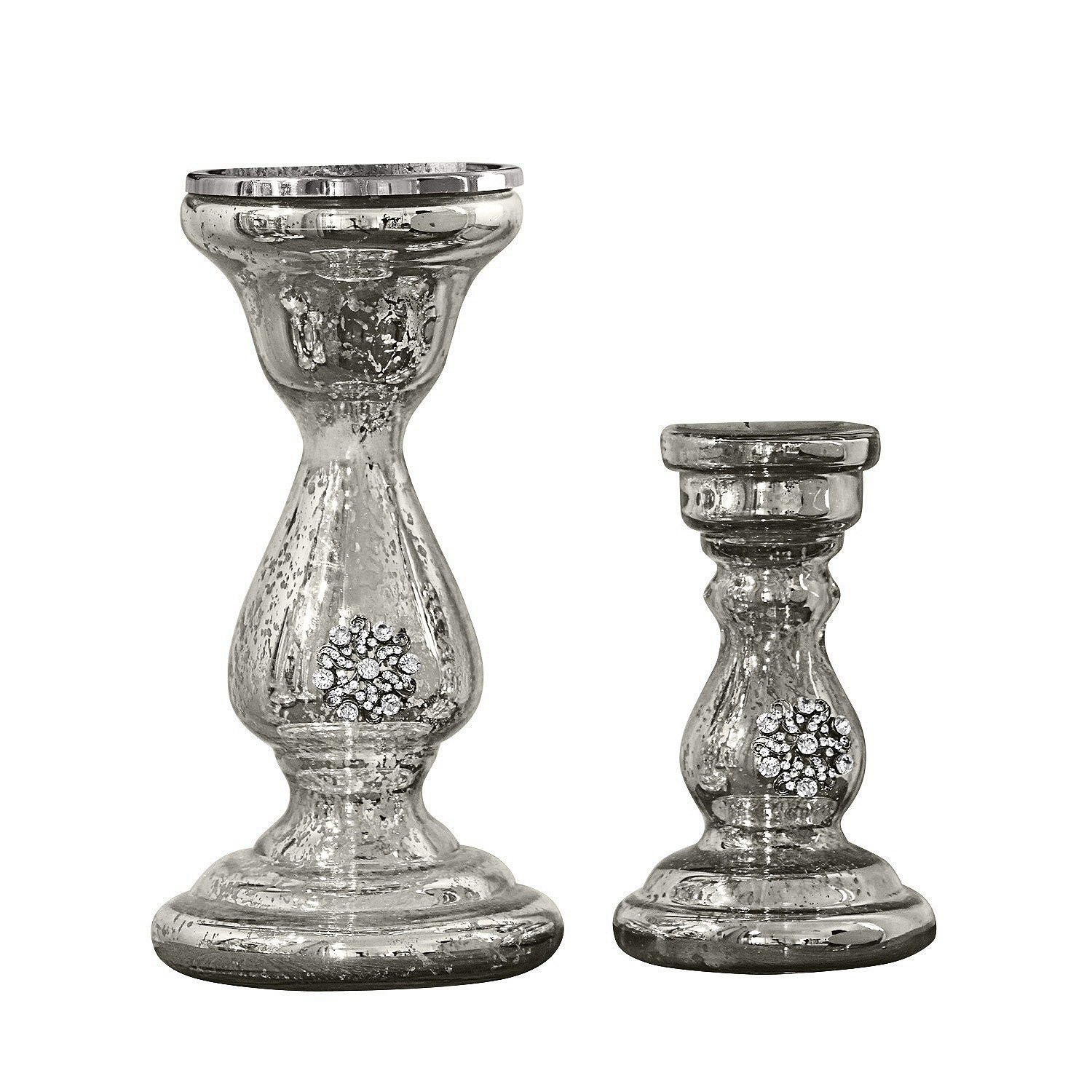 Kandelaar set van 2 Lysiane Set van twee zilverkleurige glazen kandelaars met decoratieve kristallen voor interieurdecoratie