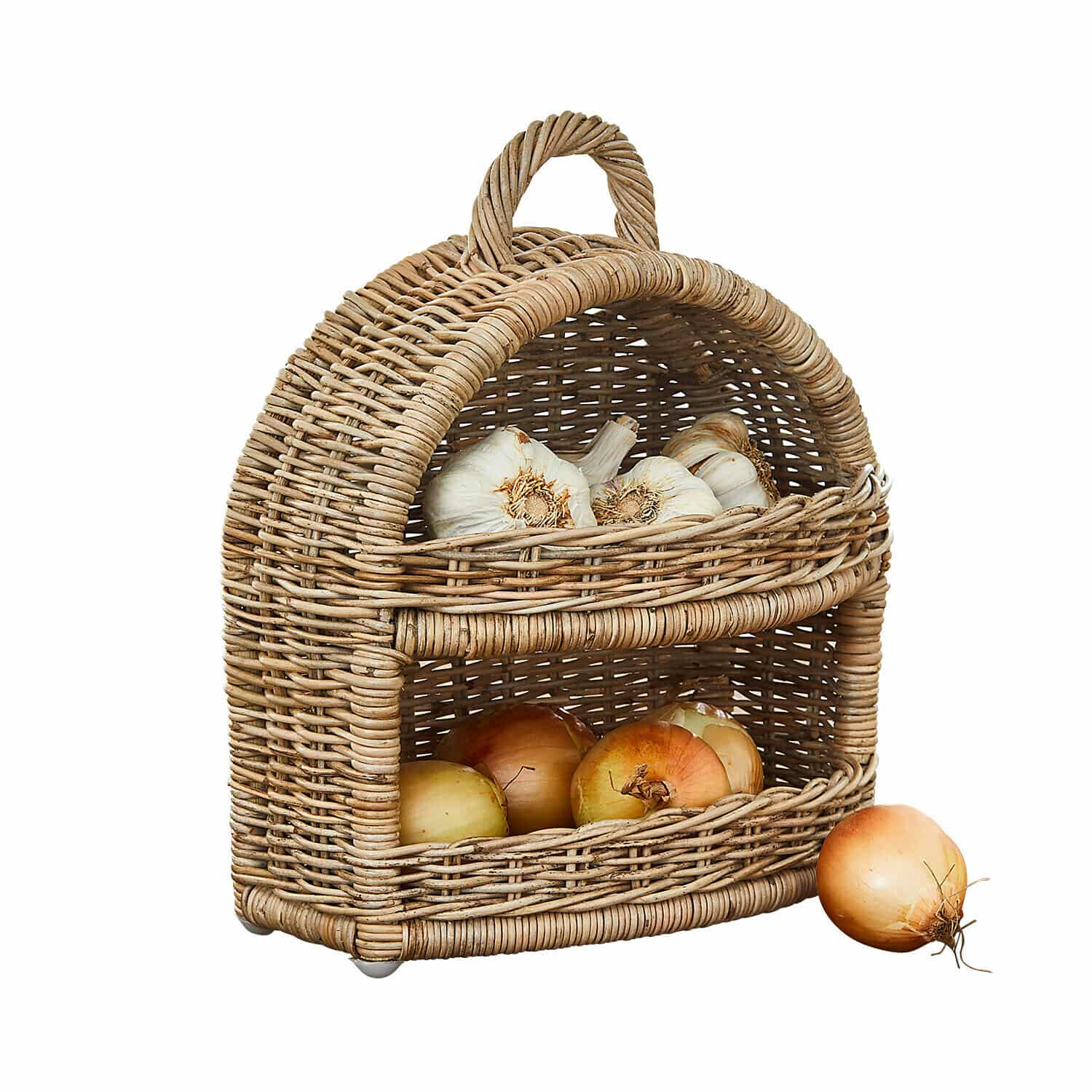 Uienmand Coudrisse Tweedelige rieten mand in natuurlijke kleur met uien en knoflook voor groenteopslag