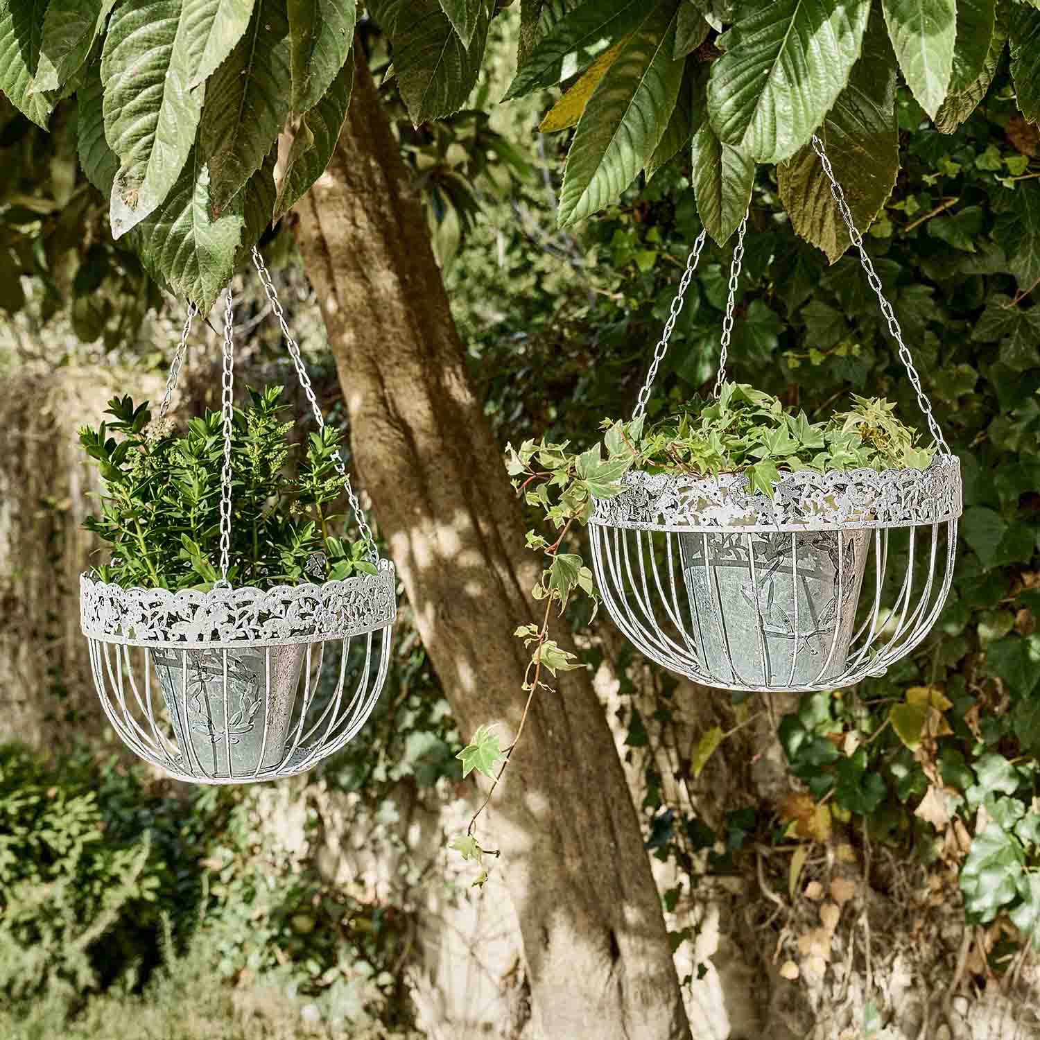 Twee hangende metalen plantenmanden in zilver met decoratief patroon en groene planten in de tuin