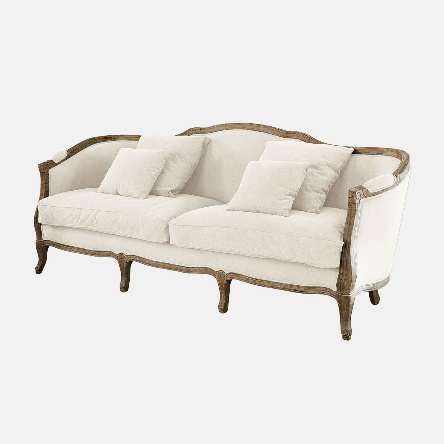 Bank Monneville Elegante bank met lichtbeige stof en houten vintage frame voor de woonkamer