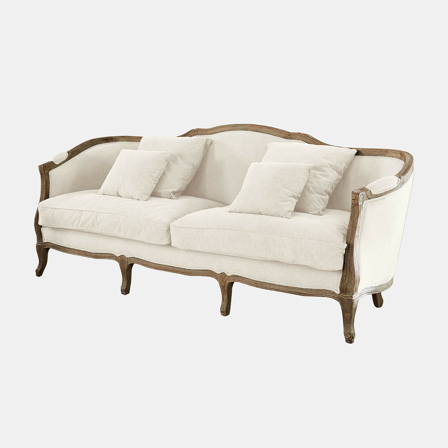 Bank Monneville Elegante bank met lichtbeige stof en houten vintage frame voor de woonkamer