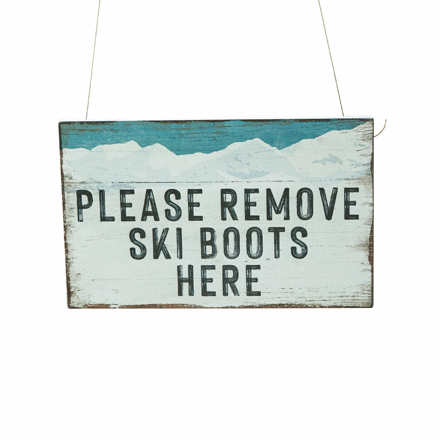 Decoboard Uptonvale Houten bord met tekst ski schoenen hier uitdoen, vintage winterdecoratie