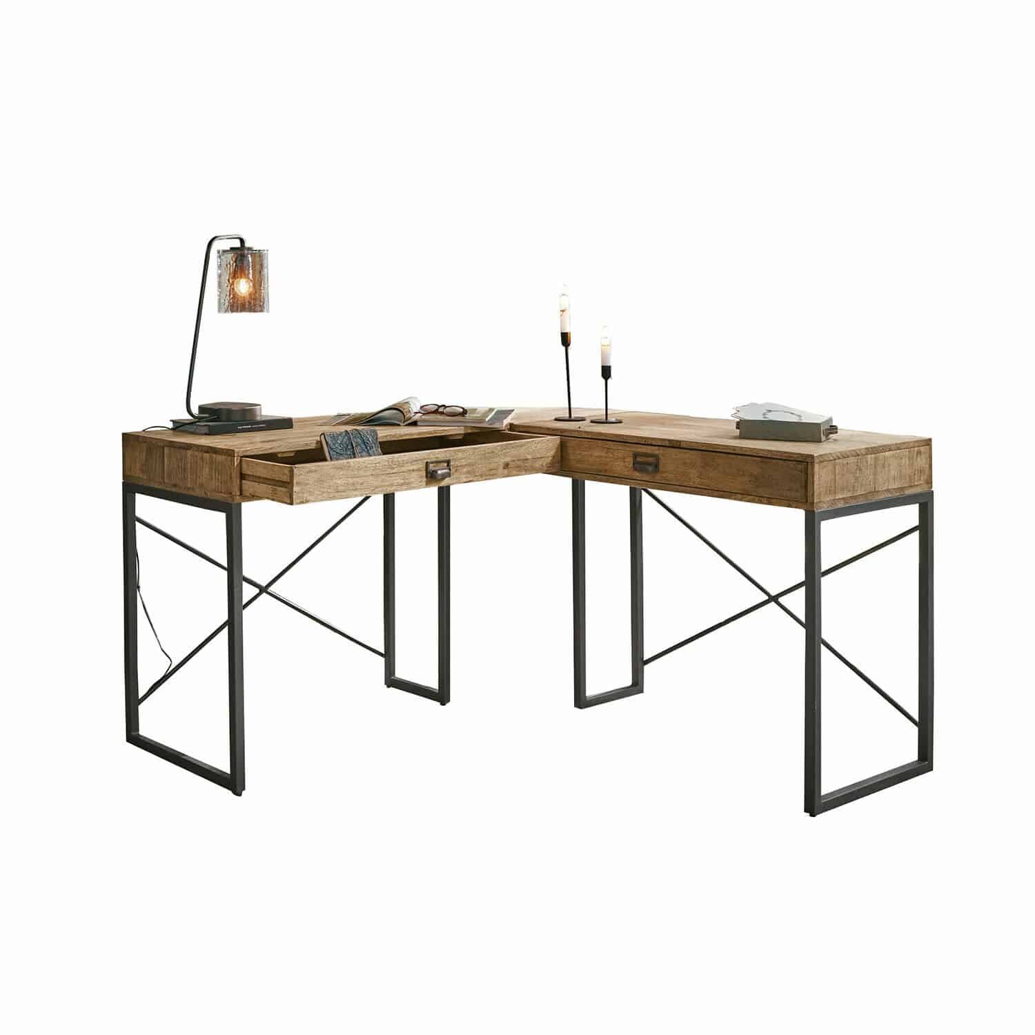 Bureau Lemuel Hoekbureau van mangohout en zwart metaal in natuurlijke kleur voor modern kantoor