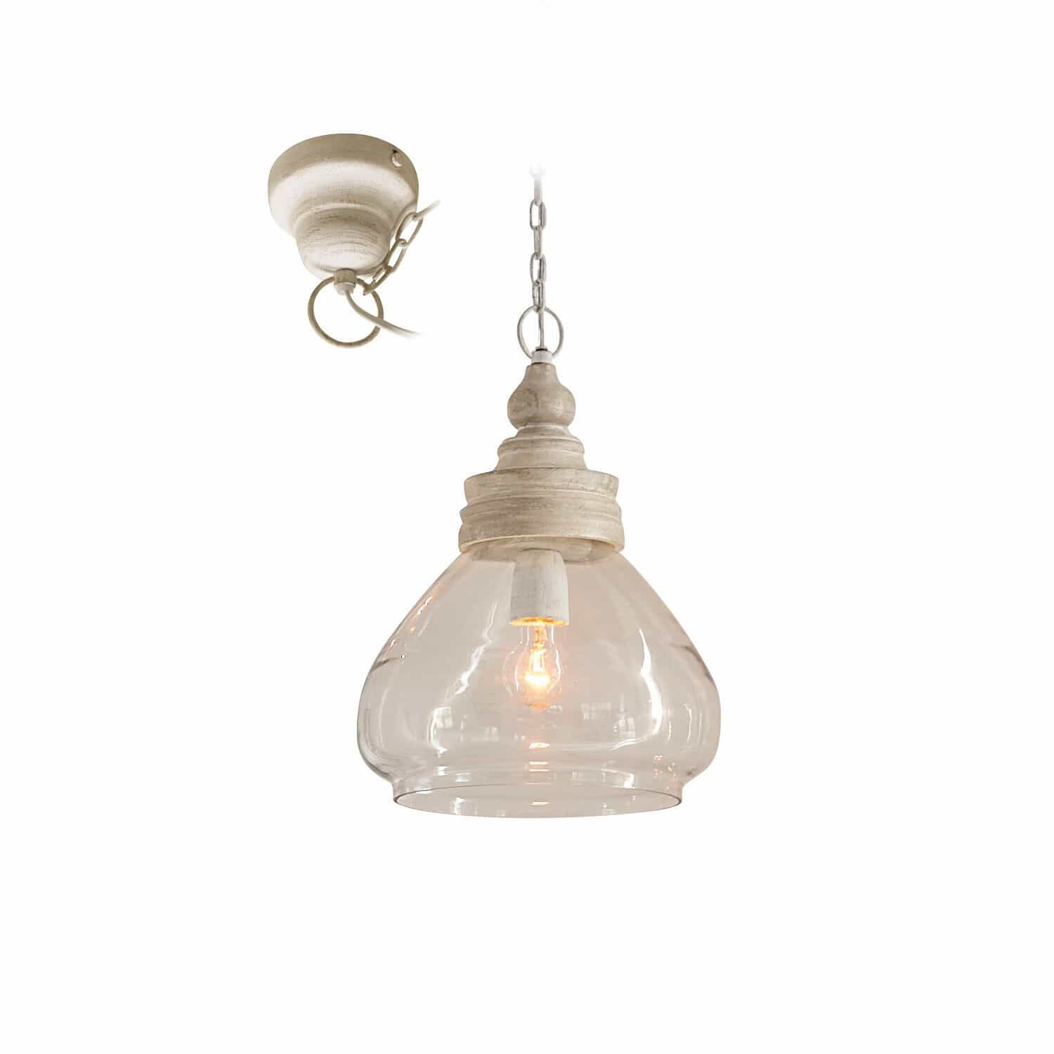 Hanglamp Pallu Hanglamp van helder glas en wit hout in vintage stijl voor sfeervolle binnenverlichting