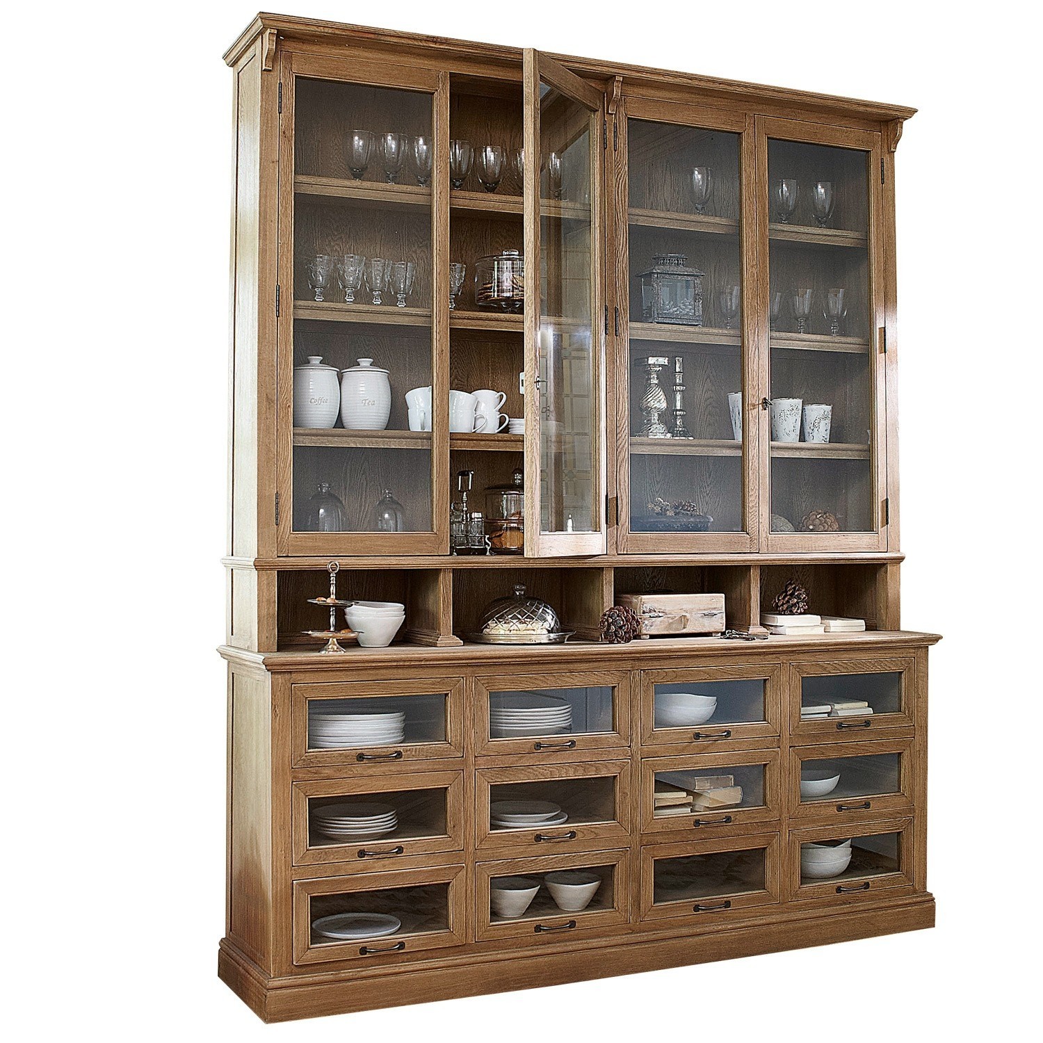 Buffetkast Juillac Grote houten vitrinekast met glazen deuren en lades voor servies en decoratie