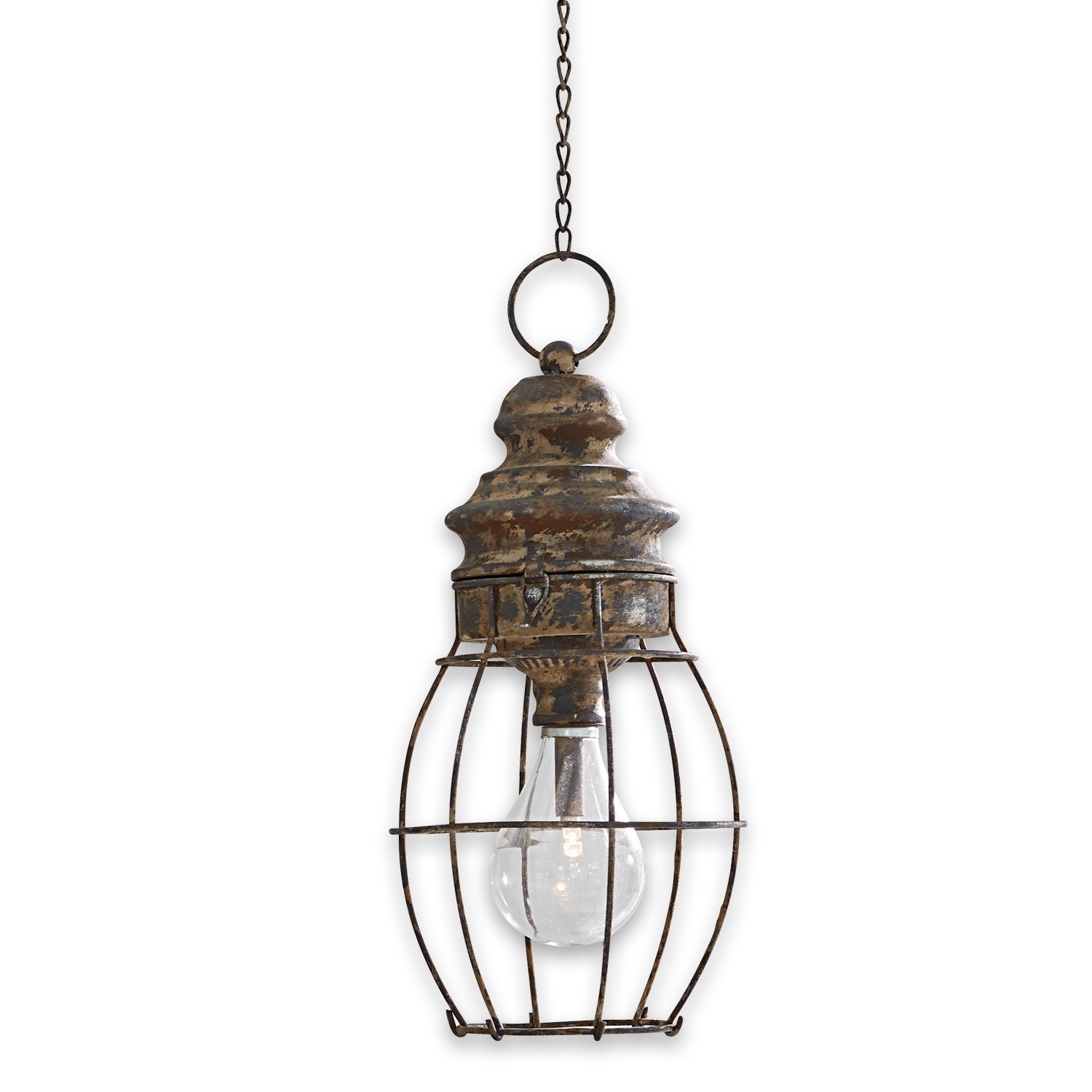 Ledlantaarn Hemsboro Hanglamp van metaal met verouderde bronzen kooi, decoratieve industriële stijl