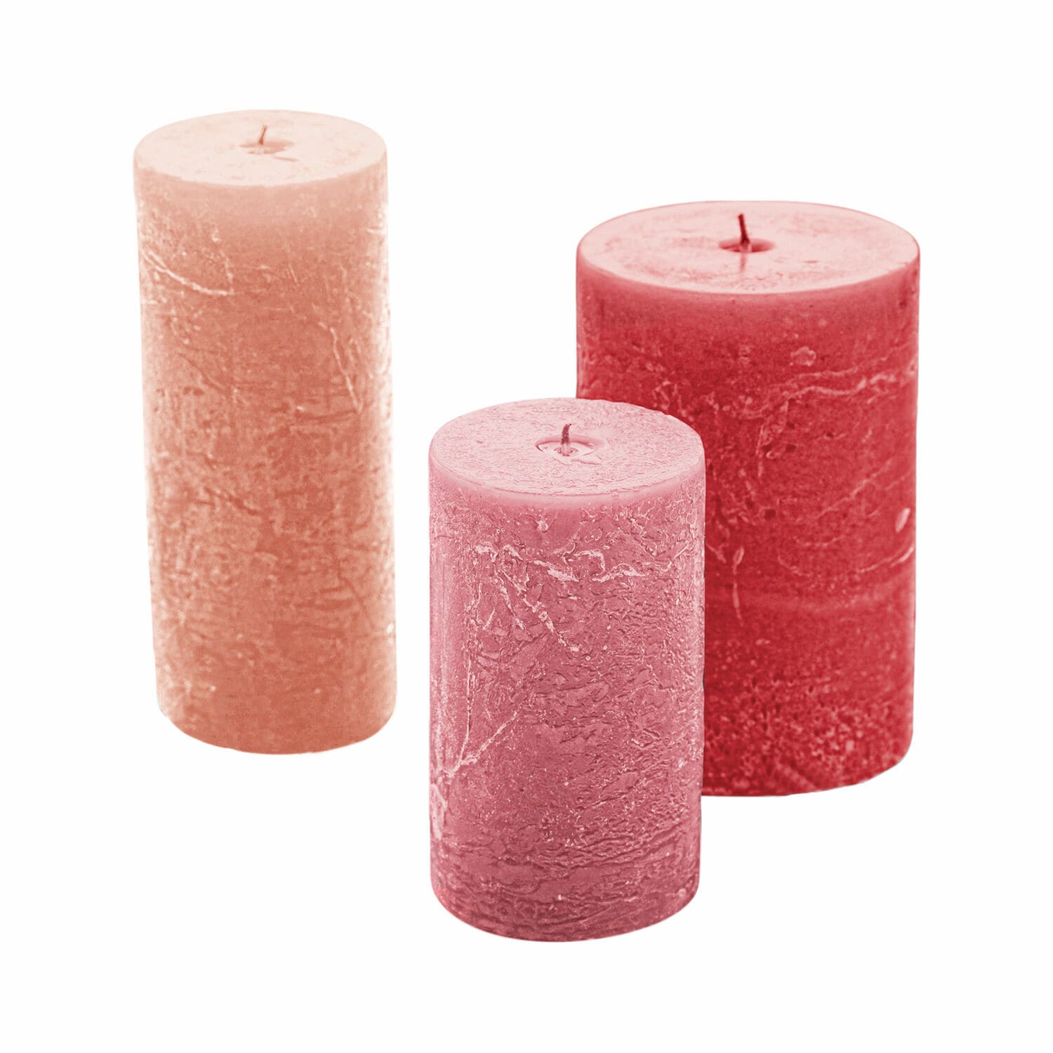 Kaars set van 3 Pretin Set van drie rustieke cilindervormige kaarsen in roze en rood tinten voor interieurdecoratie