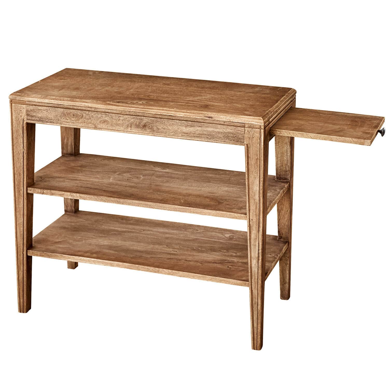 Houten tafel in natuurlijke houtkleur met twee planken en uitschuifbaar blad voor extra opbergruimte