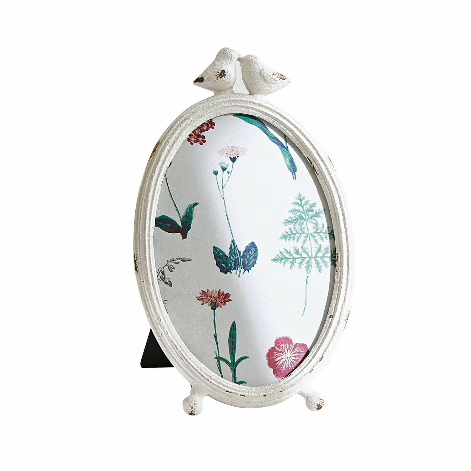 Fotolijst Jolanda Ovale fotolijst van wit metaal met vogeldecoratie, vintage stijl, woondecoratie