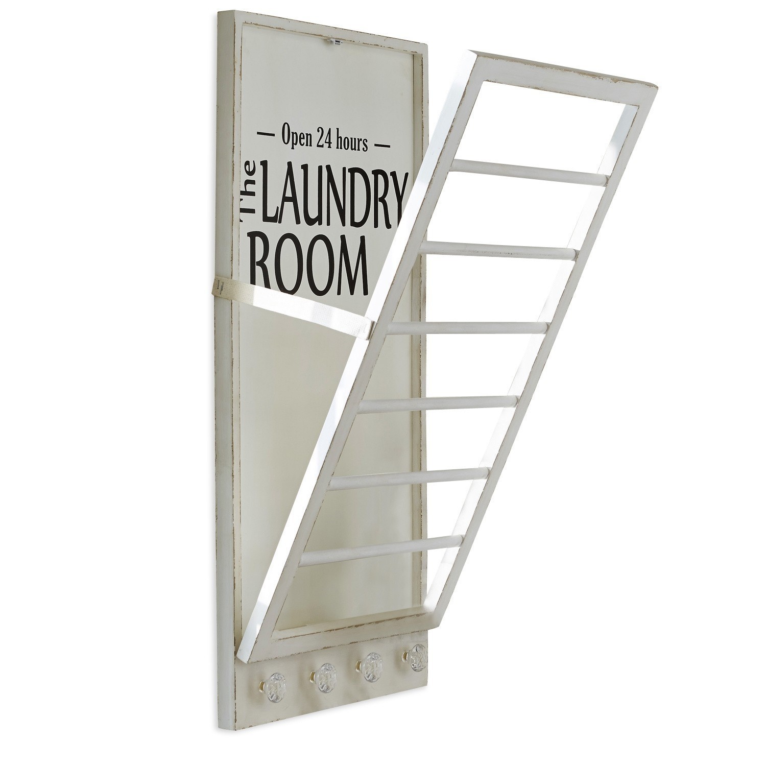Handdoekenhouder Laundry Room Witte houten kledinghanger met tekst Laundry Room en metalen droogrek