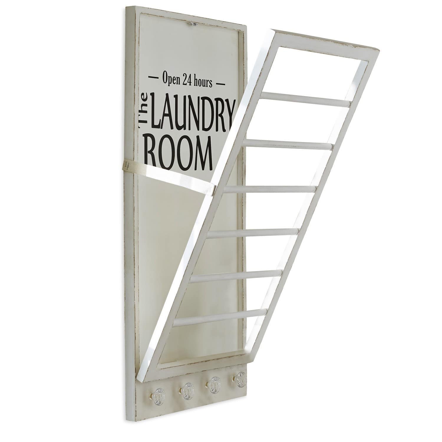 Handdoekenhouder Laundry Room Witte houten kledinghanger met tekst Laundry Room en metalen droogrek