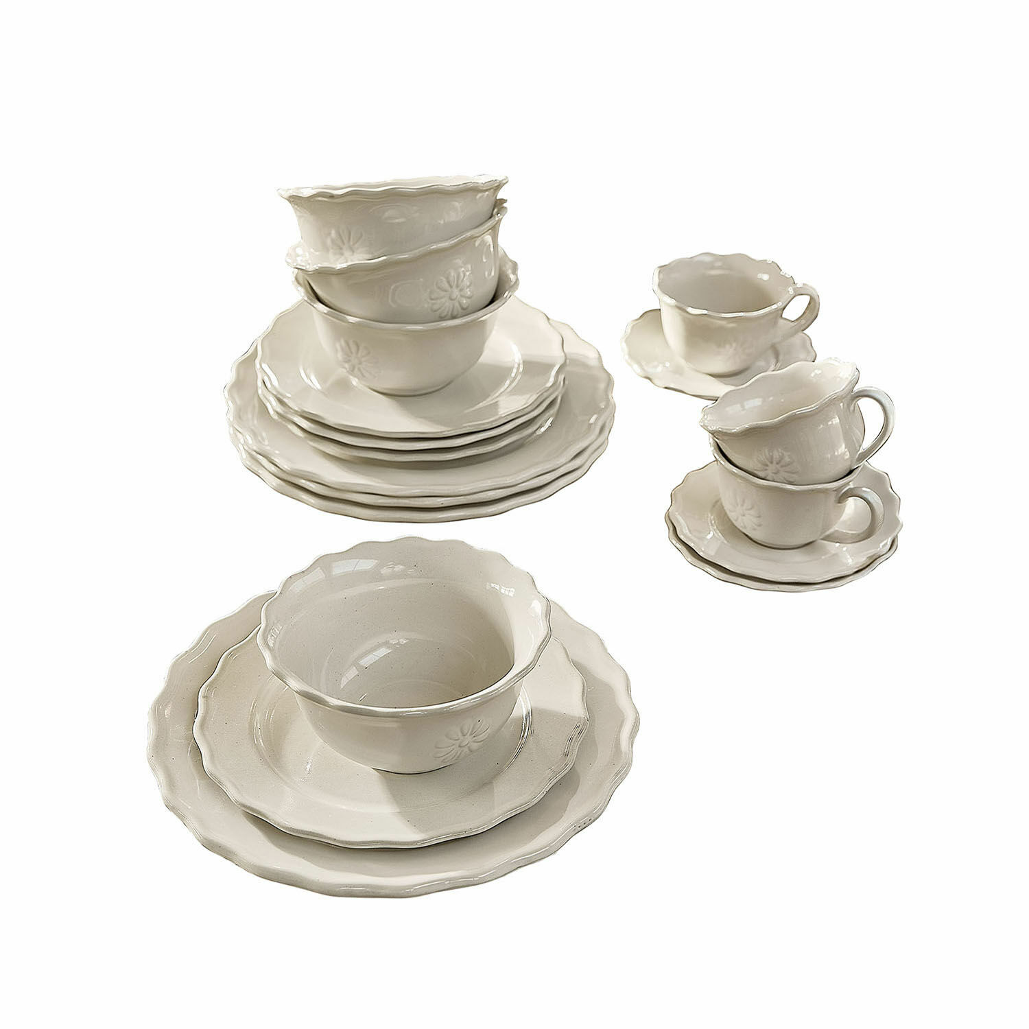 Servies set van 30 Mallevesse Witte keramische servies set met kommetjes en kopjes met fijn bloemmotief