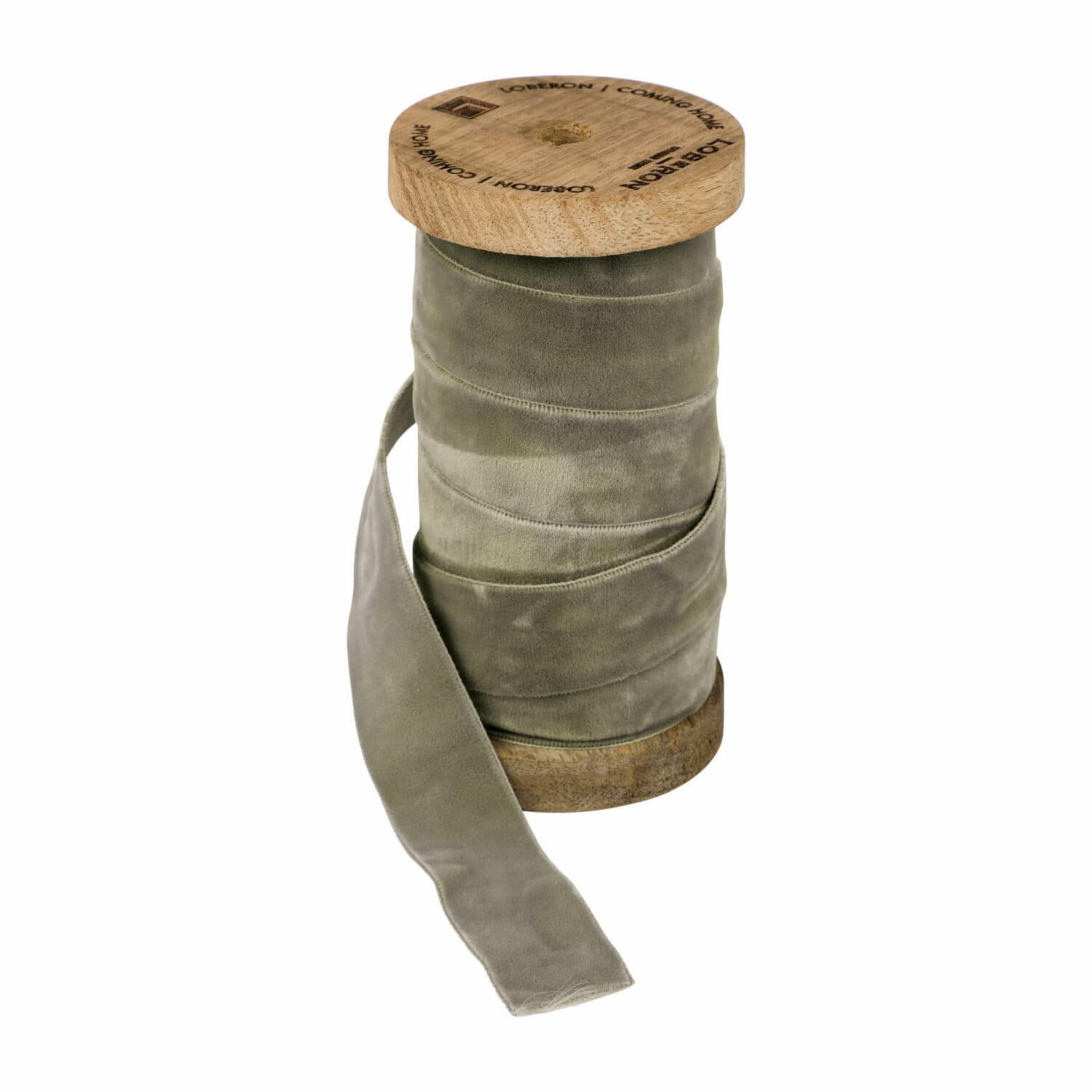 Fluwelen lint Andaris Grijze fluwelen lint op houten spoel voor decoratie en handwerk