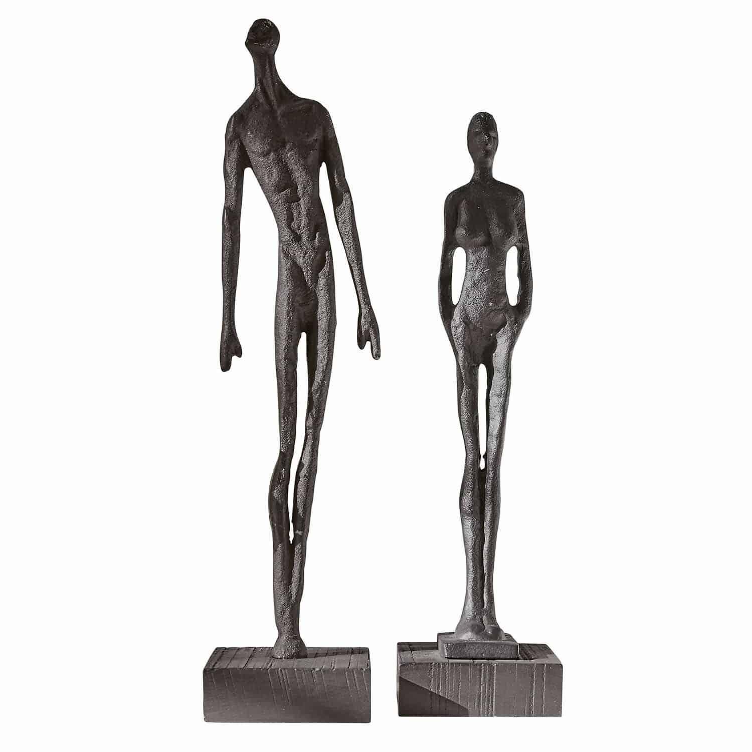 Beeldje set van 2 Perce Set van twee zwarte metalen beelden op houten voetstukken, moderne interieurdecoratie