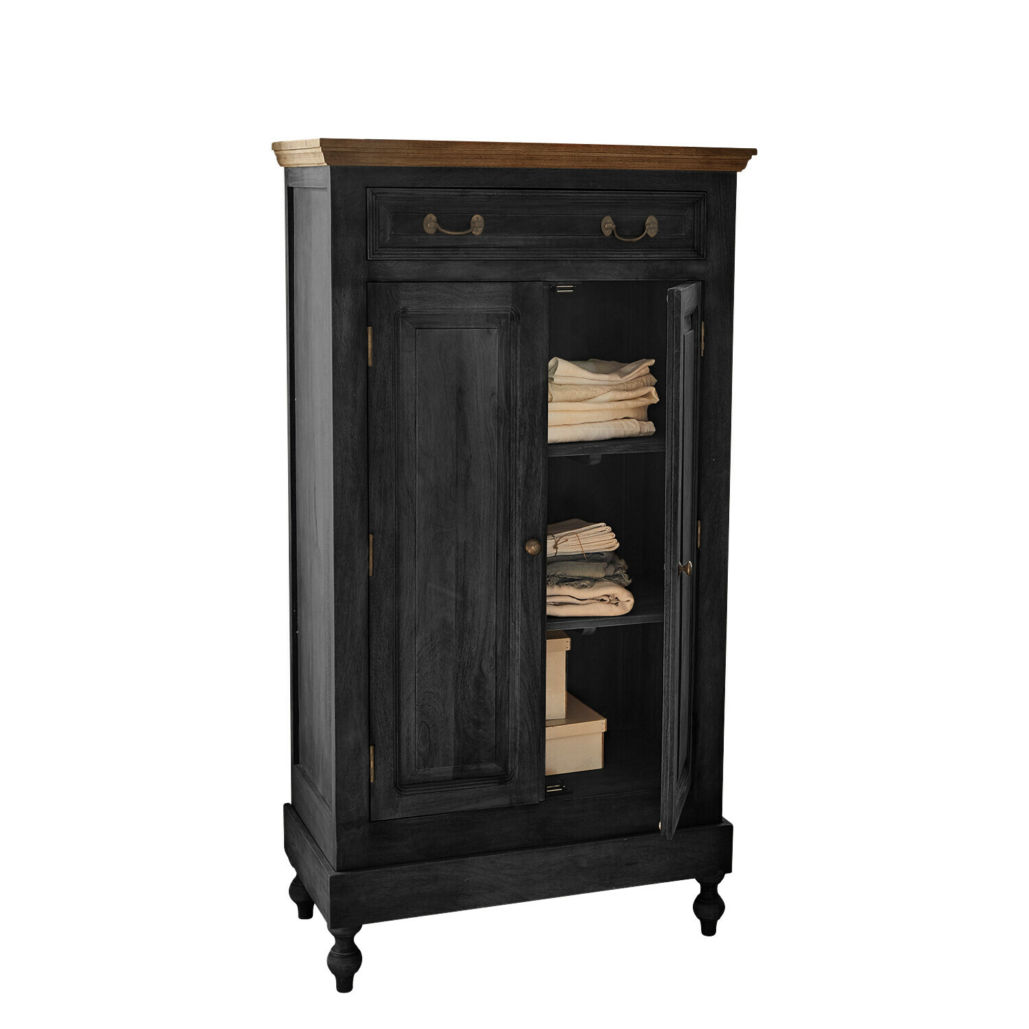 Zwarte houten Bortoni kast met bruin blad en planken voor opgevouwen textiel, opbergmeubel