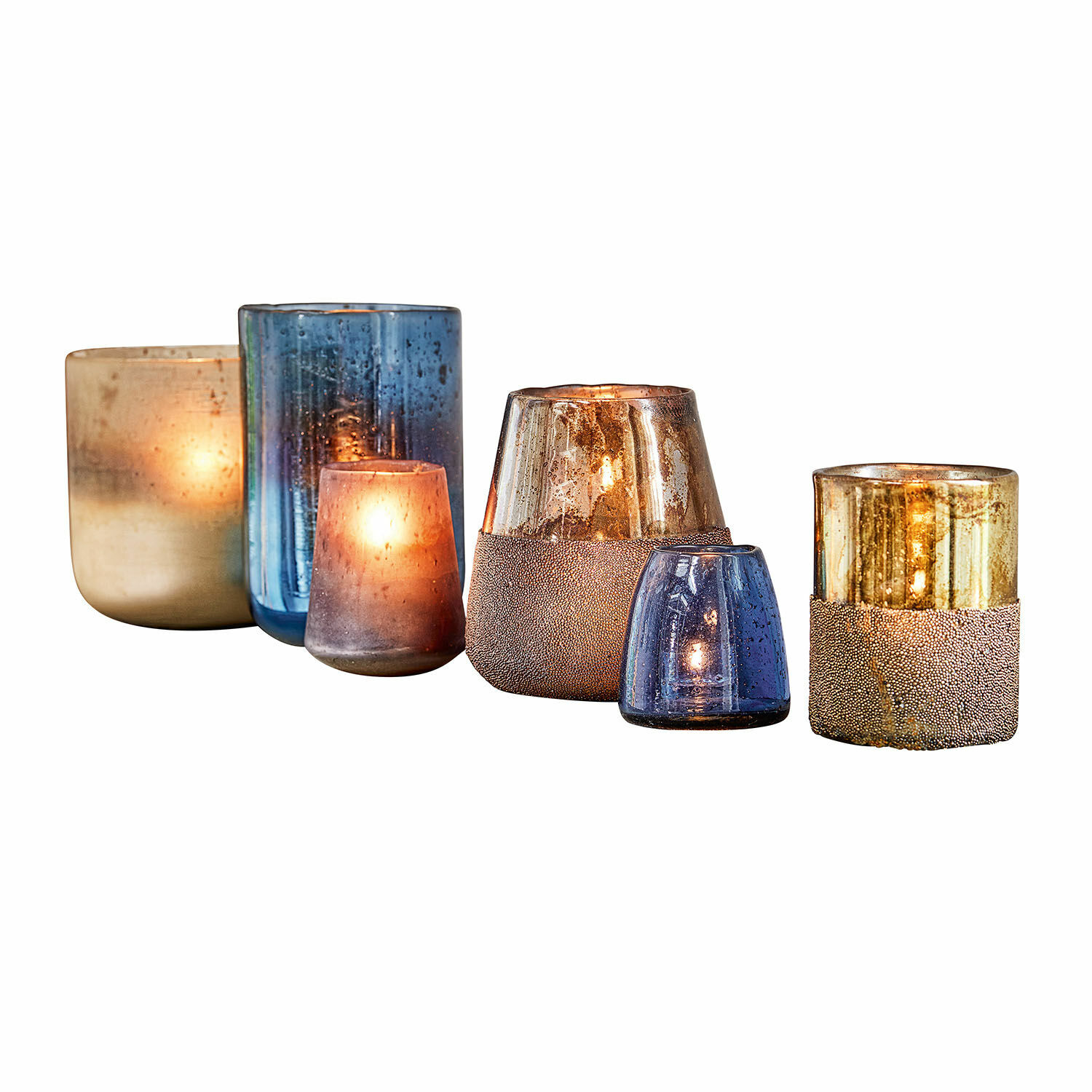 Windlicht set van 6 Paro Set van zes glazen theelichthouders in blauw en goud, sfeervolle woondecoratie
