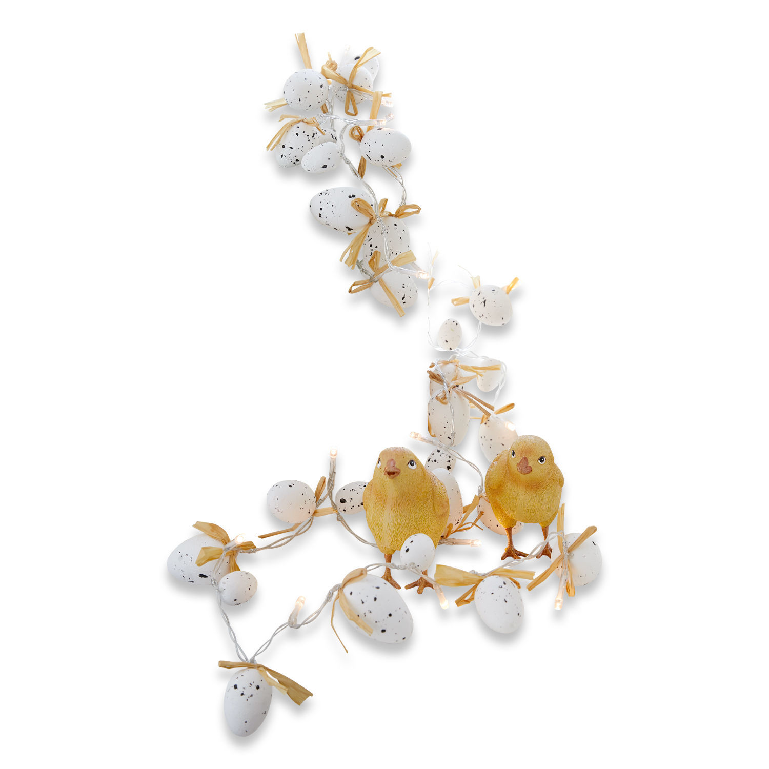 Lichtsnoer met witte gevlekte eieren en gele kuikens, paasdecoratie