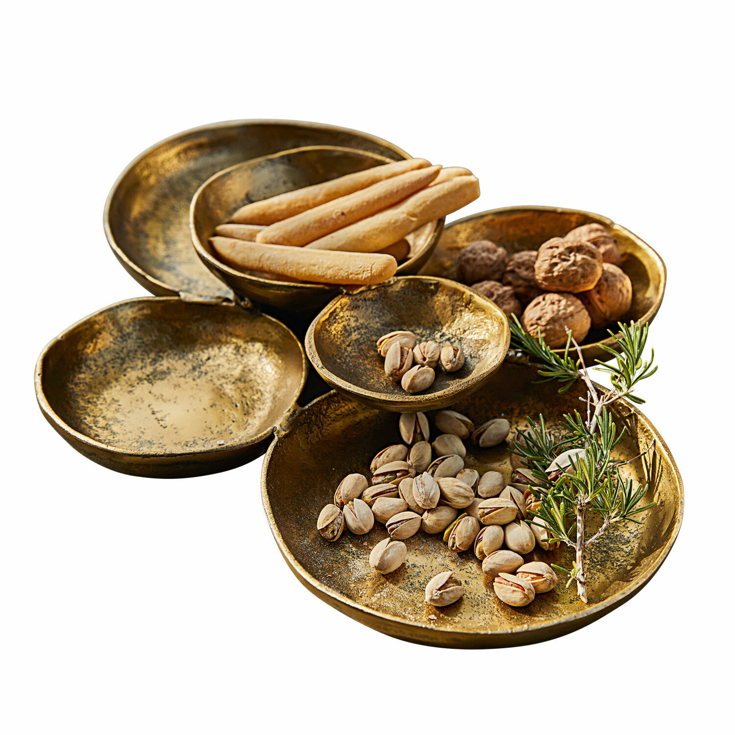 Schaal Andris Gouden metalen schaal met vijf kommetjes voor noten en snacks in de woonkamer