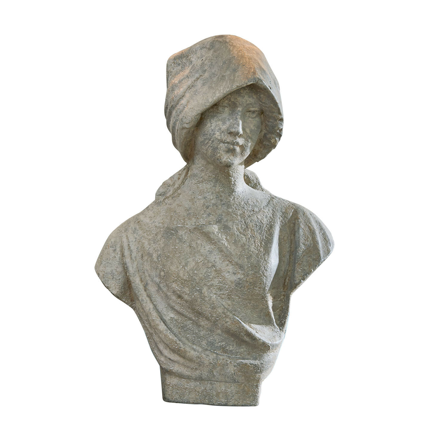 Steenbuste van een vrouw met grijze kap en gewaad, klassieke interieurdecoratie