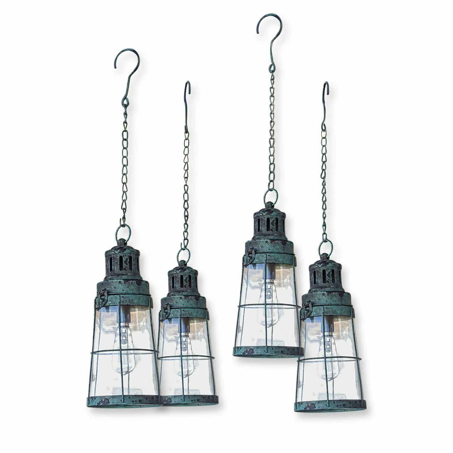 Set van 4 antiekgroene LED-lantaarns Ligrette van metaal en glas voor binnen- en buitendecoratie