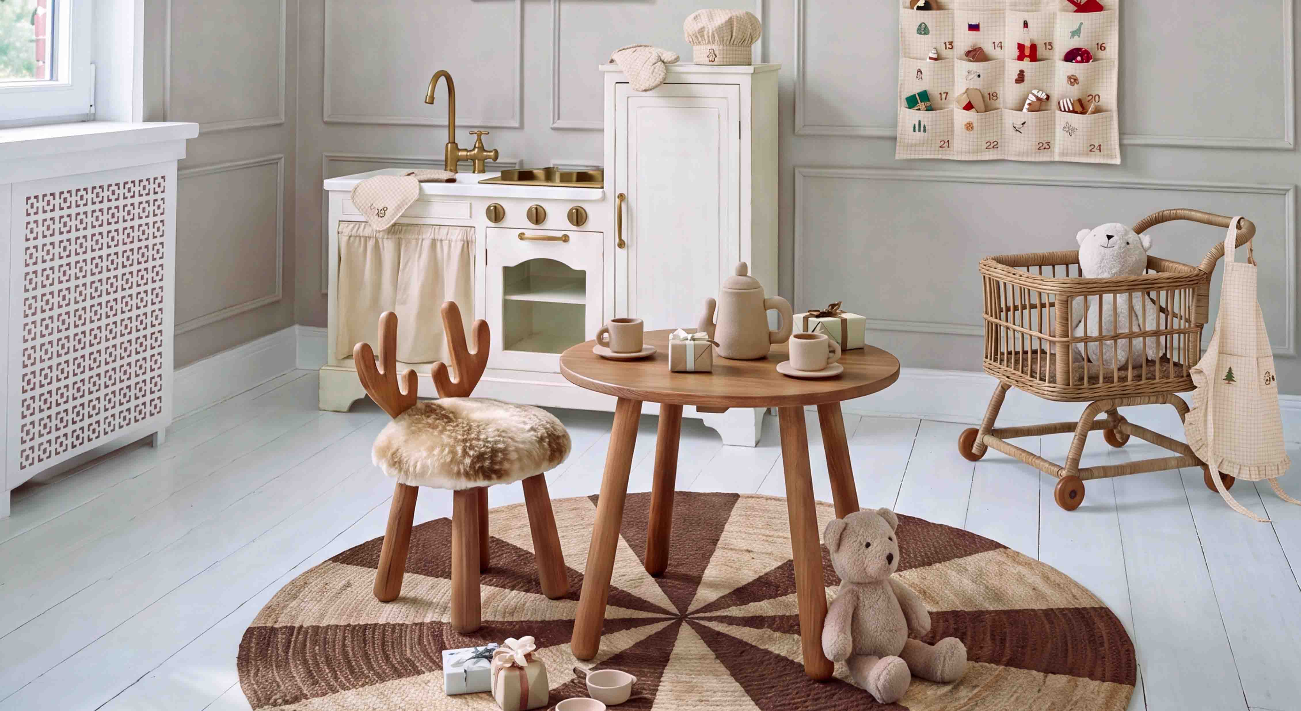 Houten tafel en stoel met bontzitting in kinderkamer met speelgoed en speelkeuken