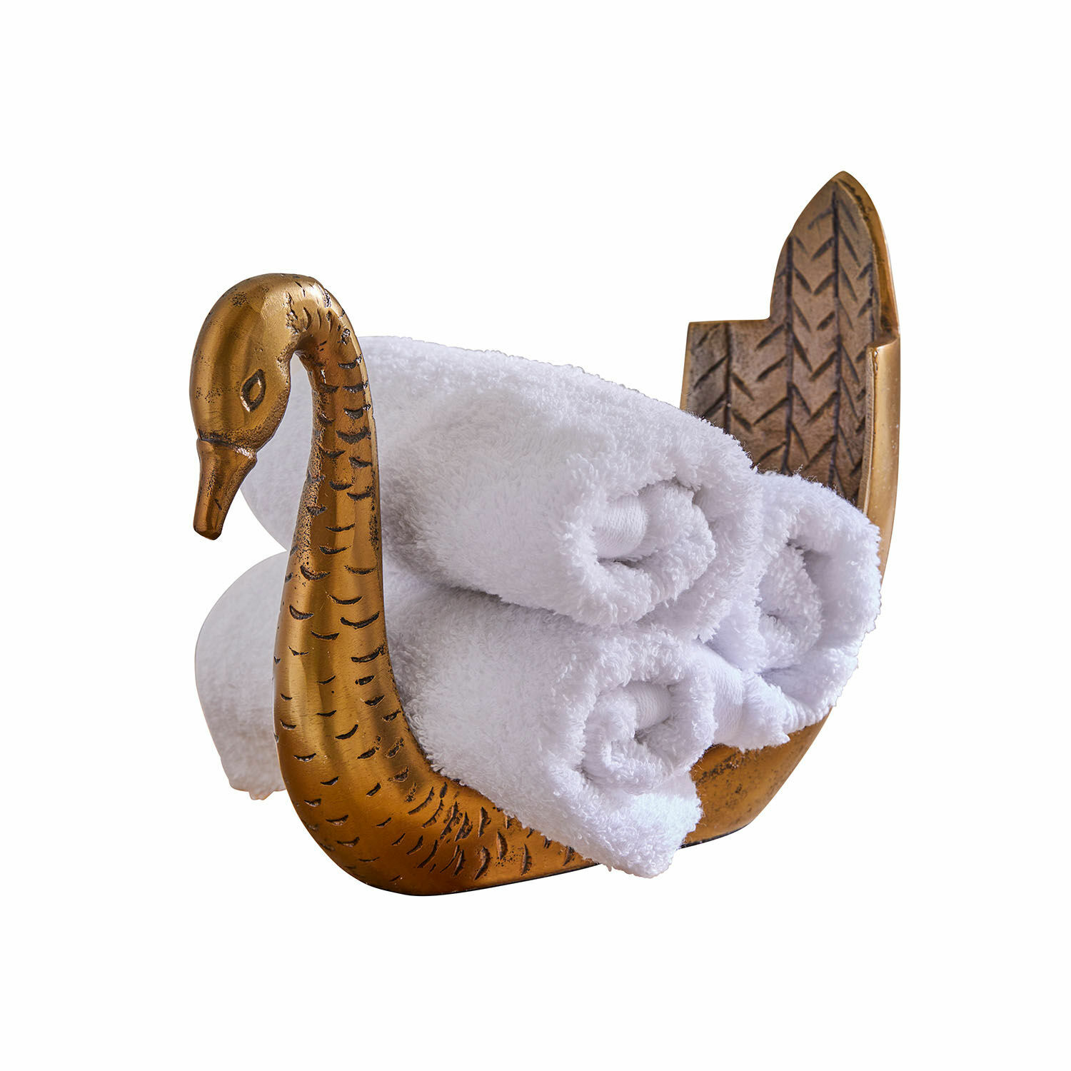 Gouden metalen houder in zwaanvorm met witte opgerolde handdoeken, badkameraccessoire