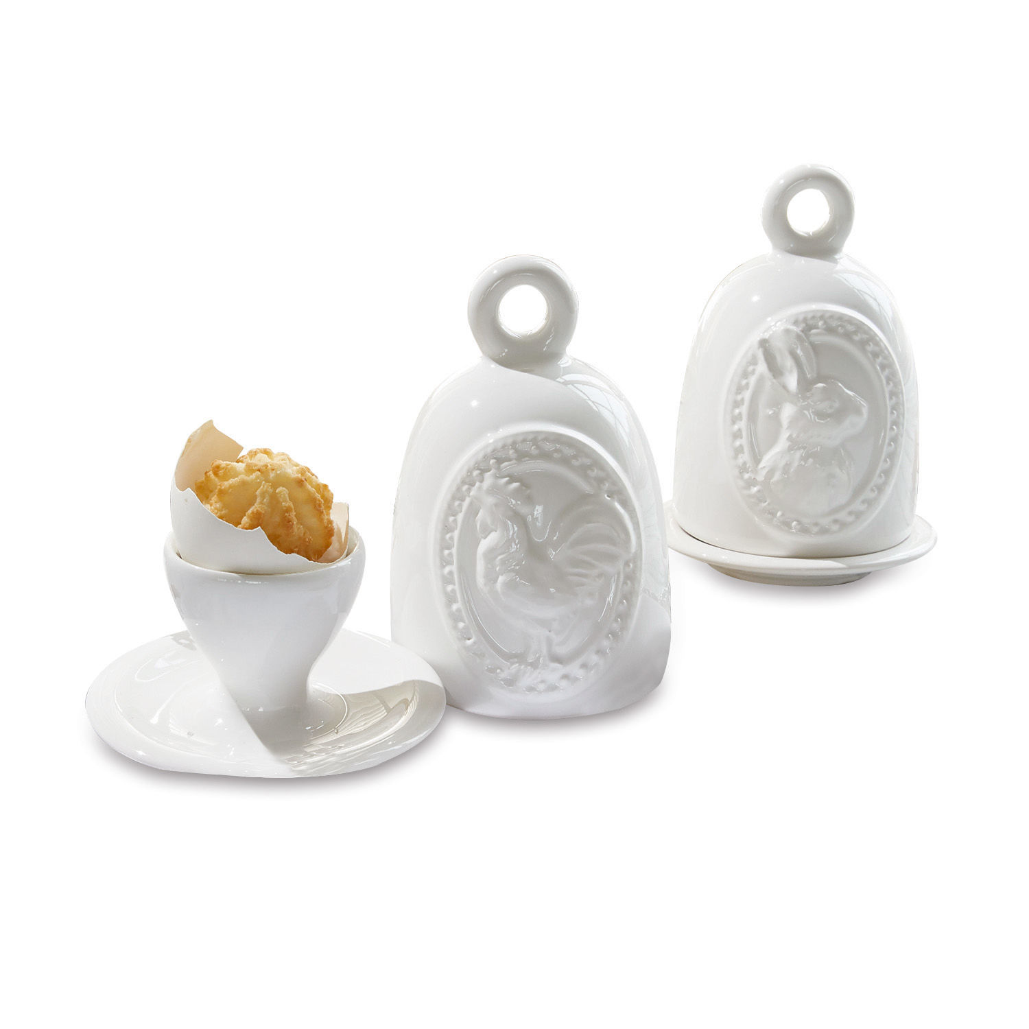 Eierdopje set van 2 Celestyn Witte keramische potten met kip- en konijnmotief en kopje met koekje op schotel