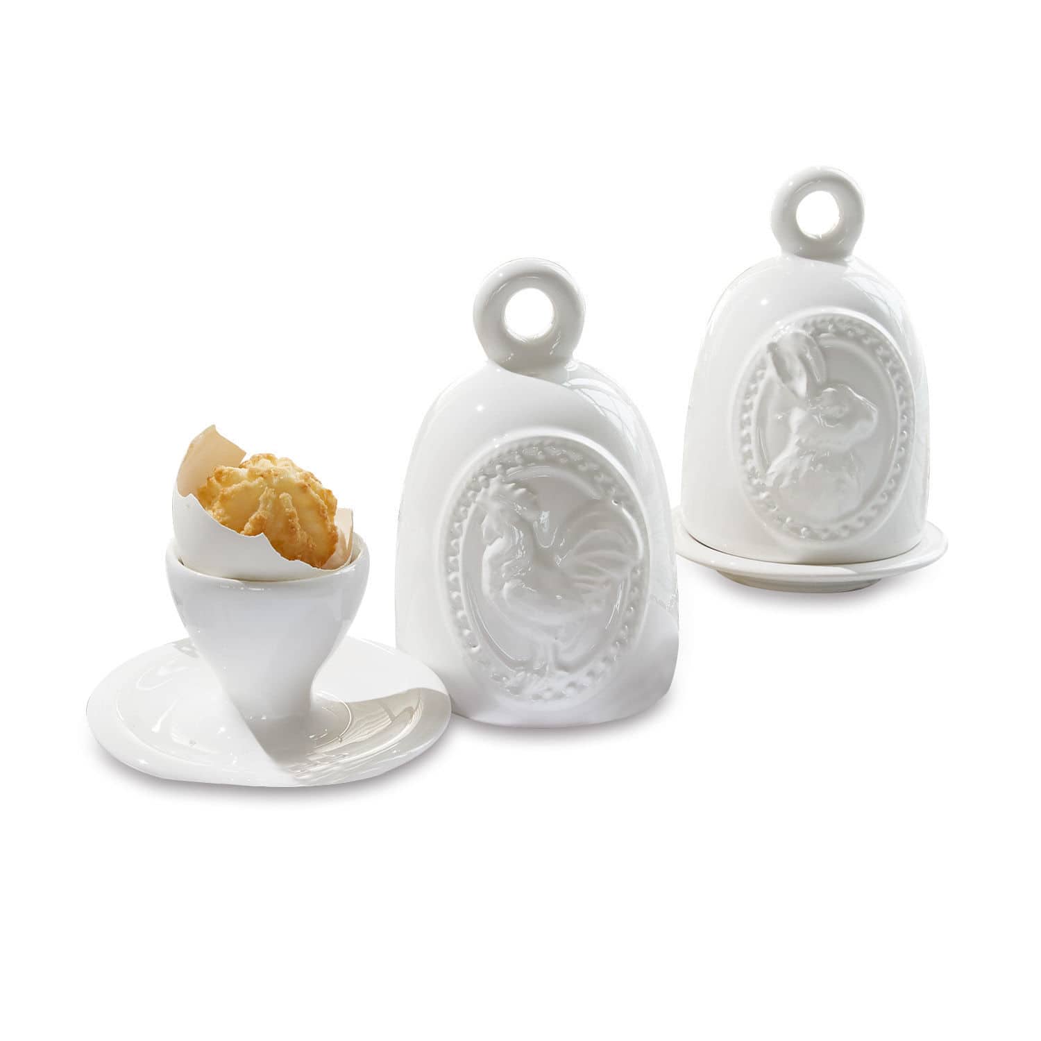 Eierdopje set van 2 Celestyn Witte keramische potten met kip- en konijnmotief en kopje met koekje op schotel