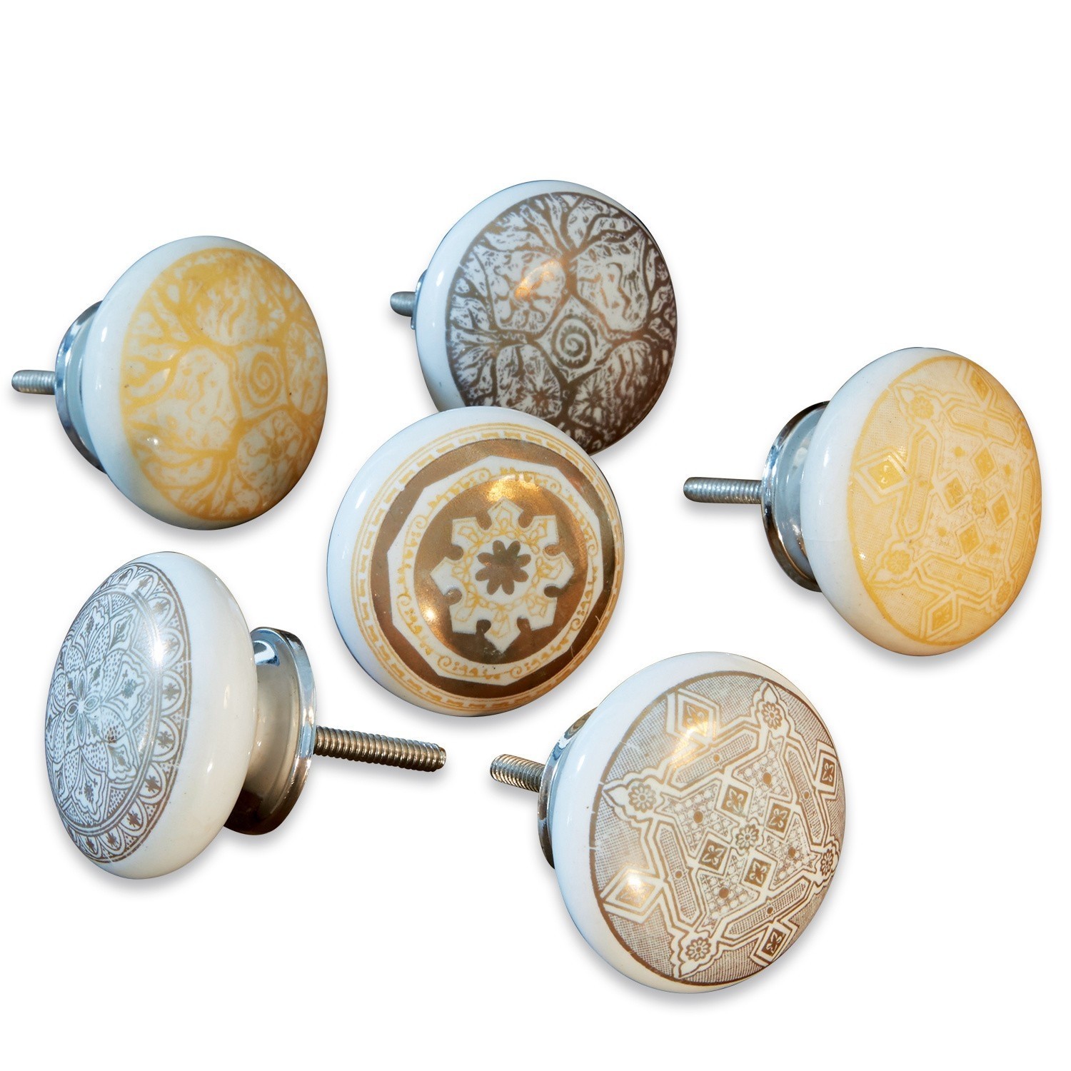 Kastknoppen set van 6 Tuffé Set van zes keramische meubelknoppen met metalen schroeven, patronen in beige en bruintinten