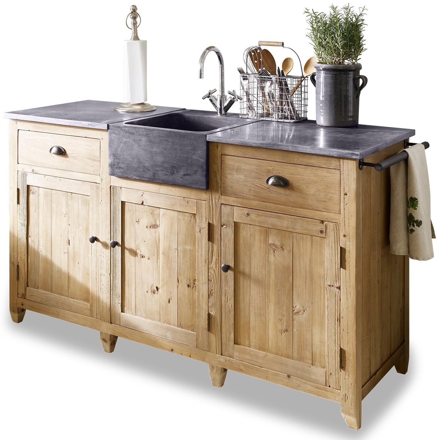 Gootsteenkast Deaton Keukenmeubel van massief hout met grijs stenen blad en spoelbak, praktisch keukenblok
