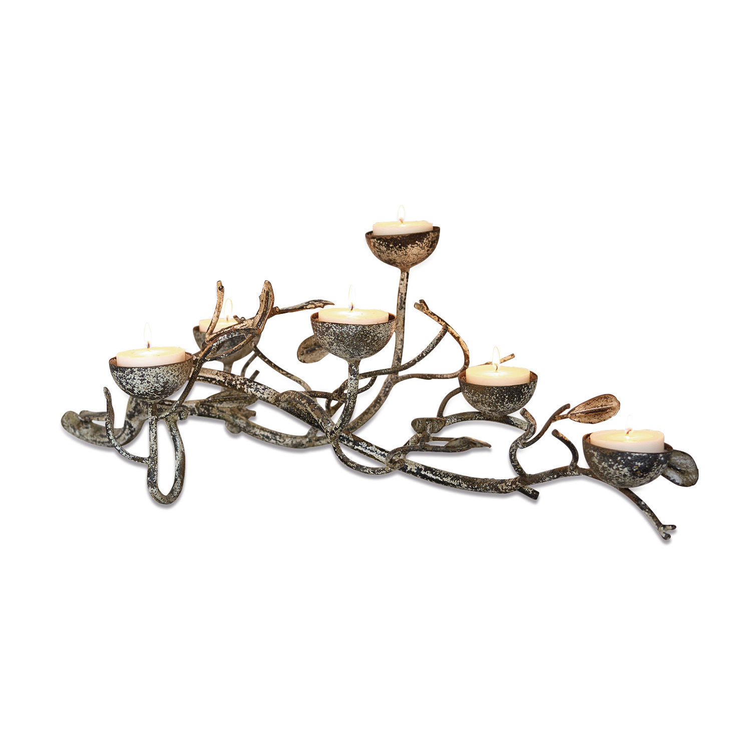 Metalen kandelaar voor 7 theelichtjes in takkenvorm in antiek bronskleur