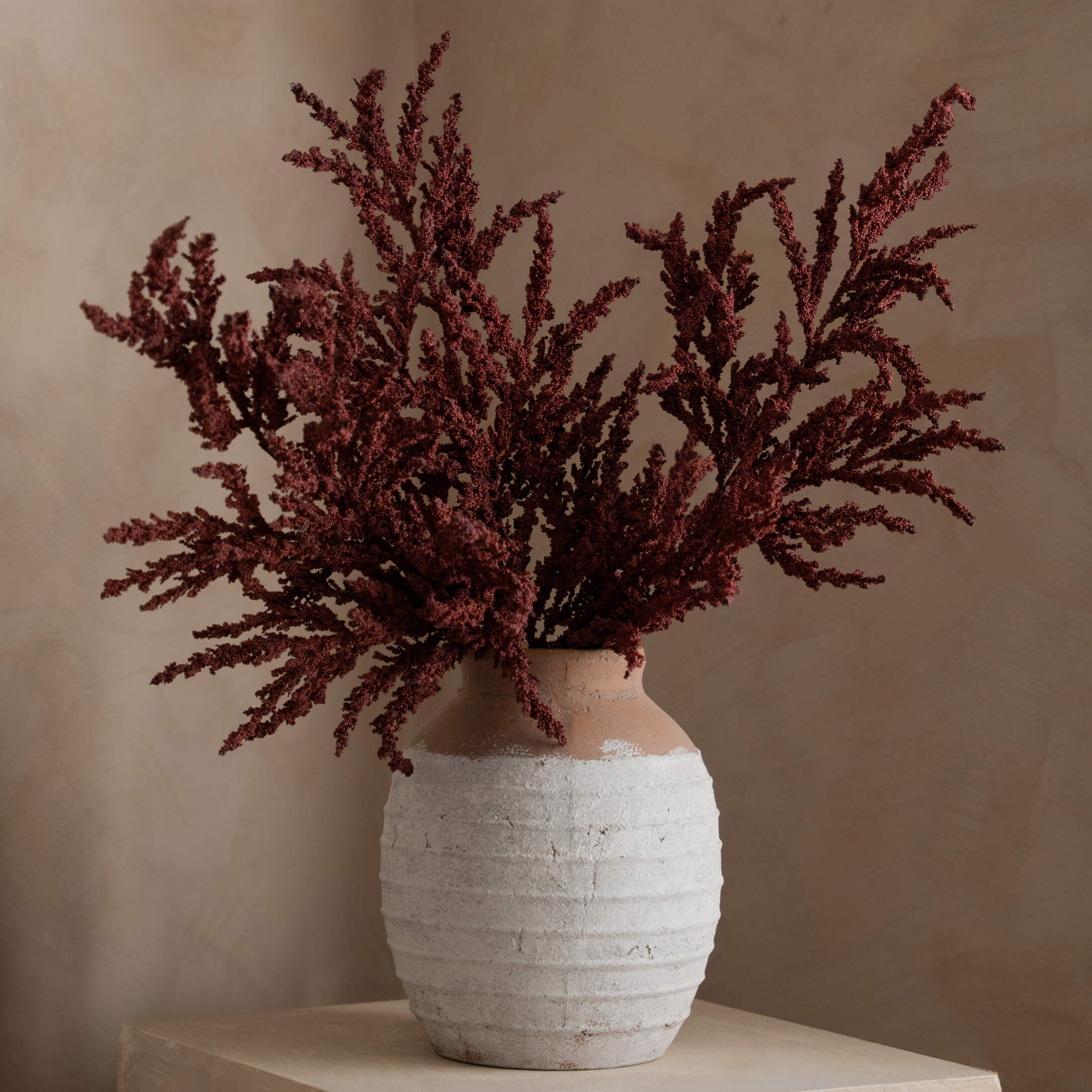 Keramische vaas in wit en bruin met decoratie van gedroogde rode bloemen voor interieur