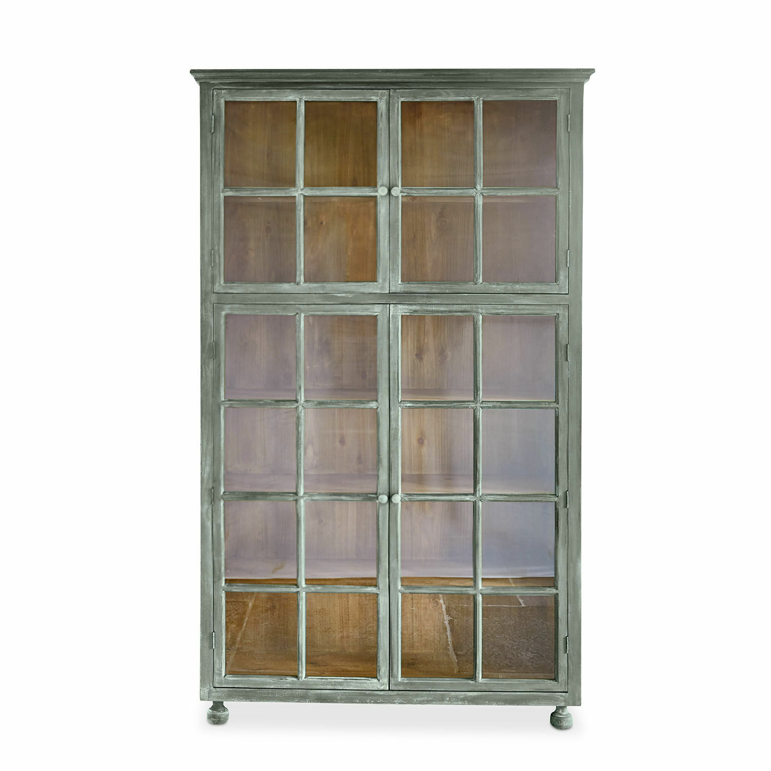 Bellac kast van hout in antiek groen met glazen deuren en planken voor stijlvolle opbergruimte