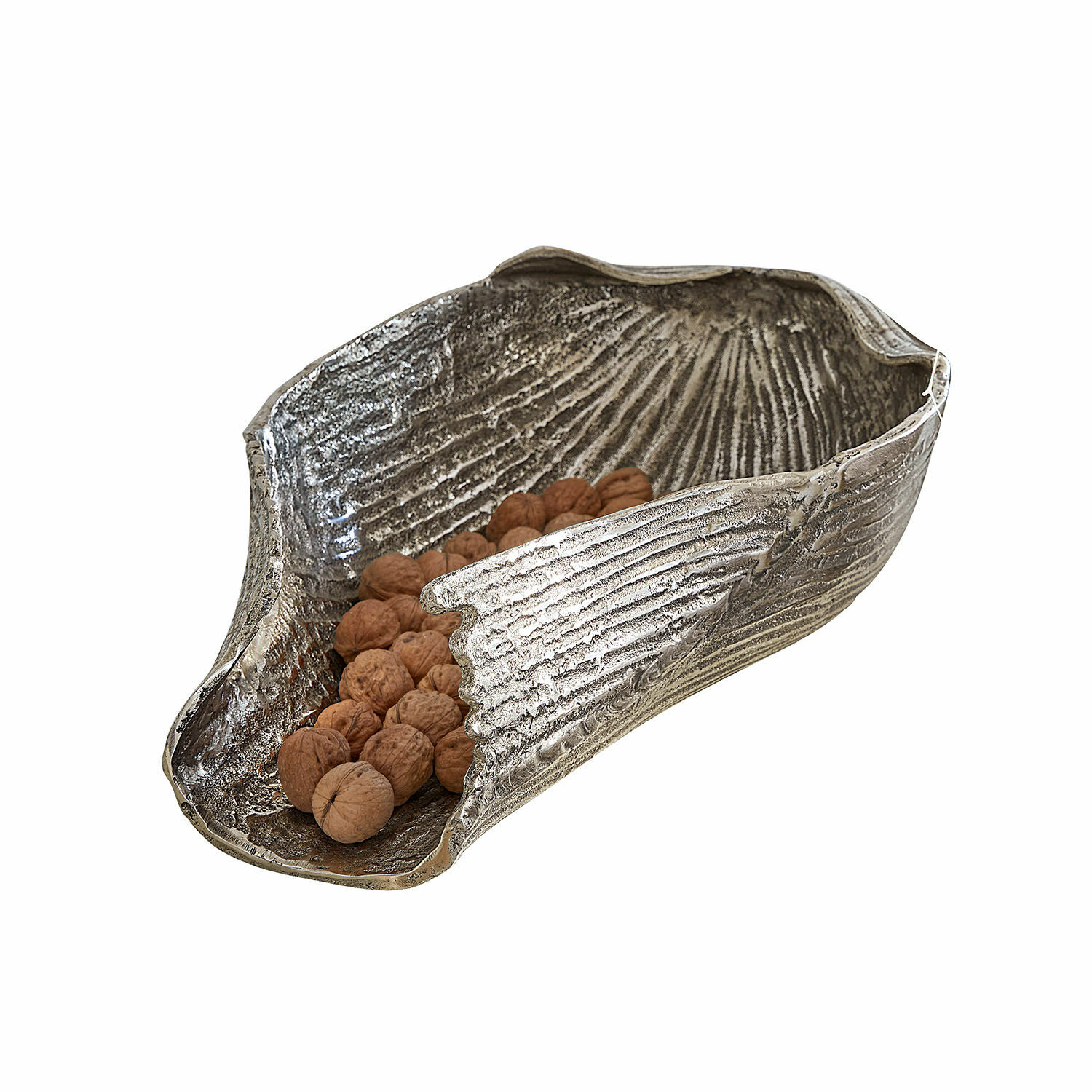 Schaal Bellefin Decoratieve zilverkleurige metalen schaal met walnoten, stijlvolle tafel- en opbergaccessoire