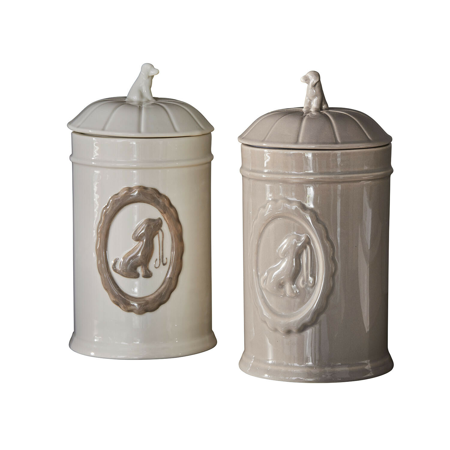 Keramische potten in crème en beige met hondenmotief voor hondensnacks