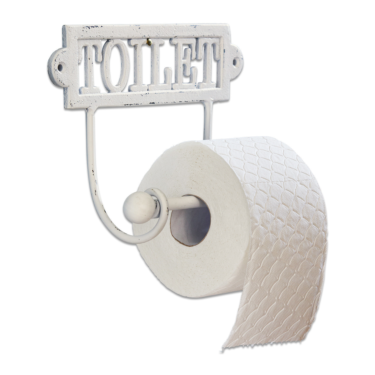 Toiletrolhouder Miramas Witte metalen toiletrolhouder met tekst TOILET in vintage stijl voor badkamer